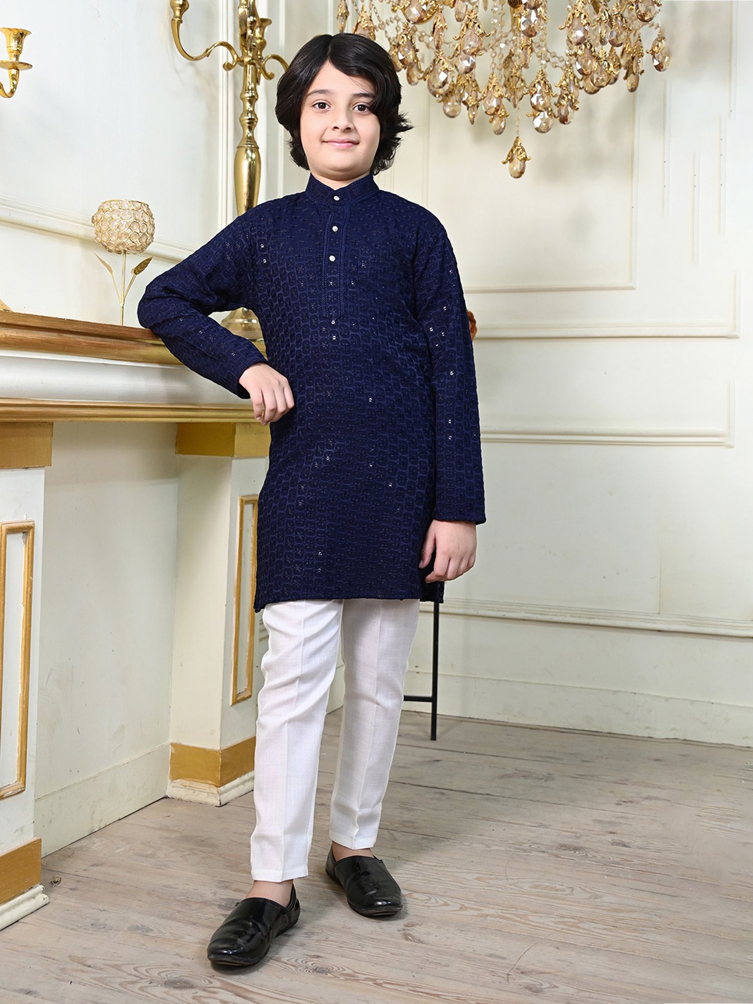 Ahhaaaa Kids Navy & White Embellished Full Sleeves Kurta With Pyjamas