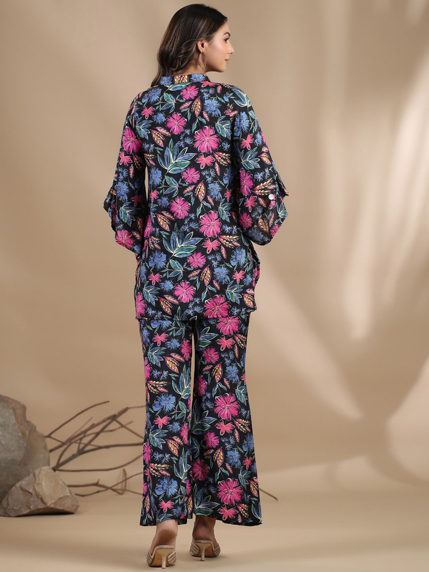 READIPRINT FASHIONS Black Floral Print Top Palazzo Set