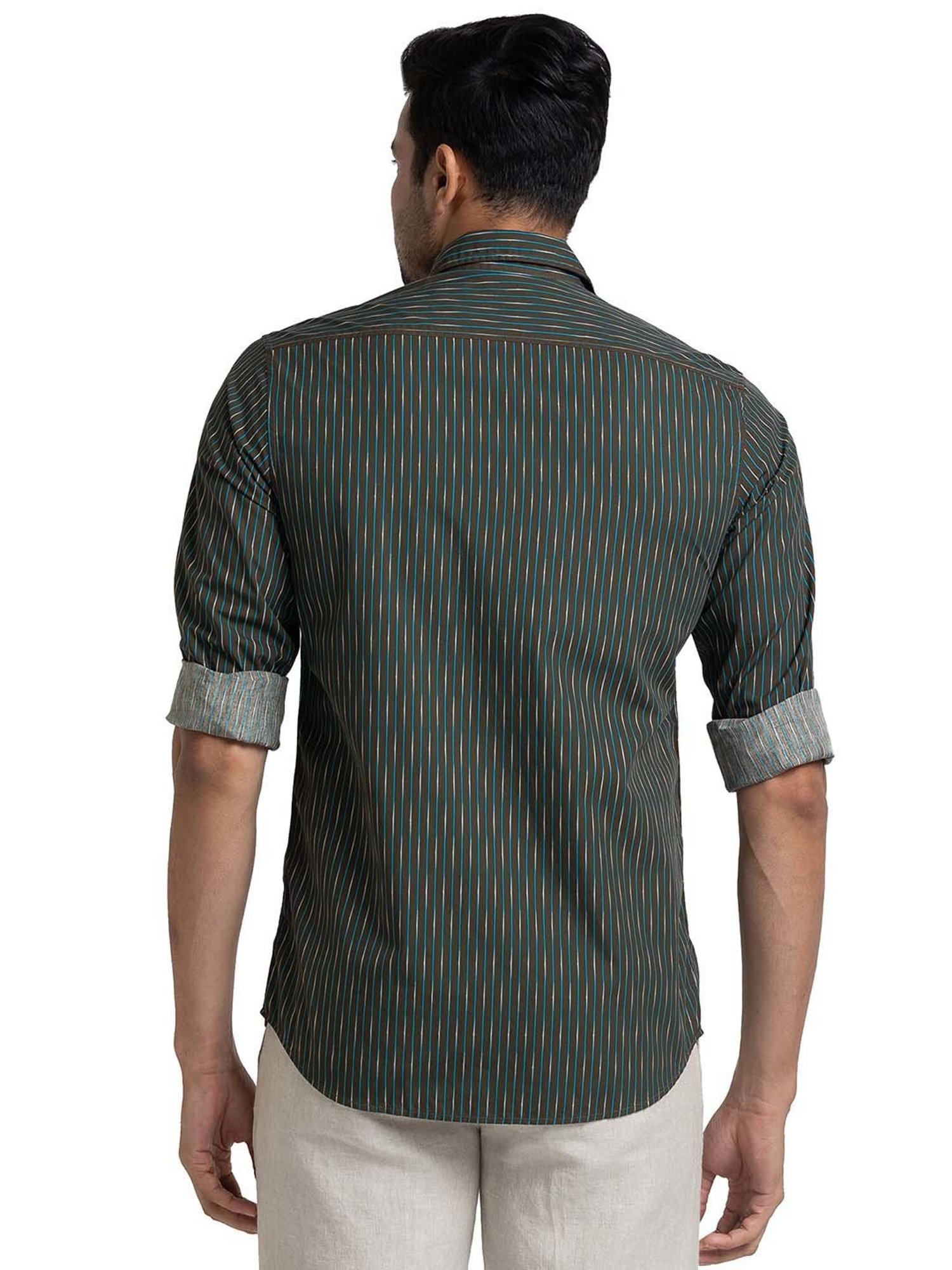 ColorPlus Green Tailored Fit Striped Shirt