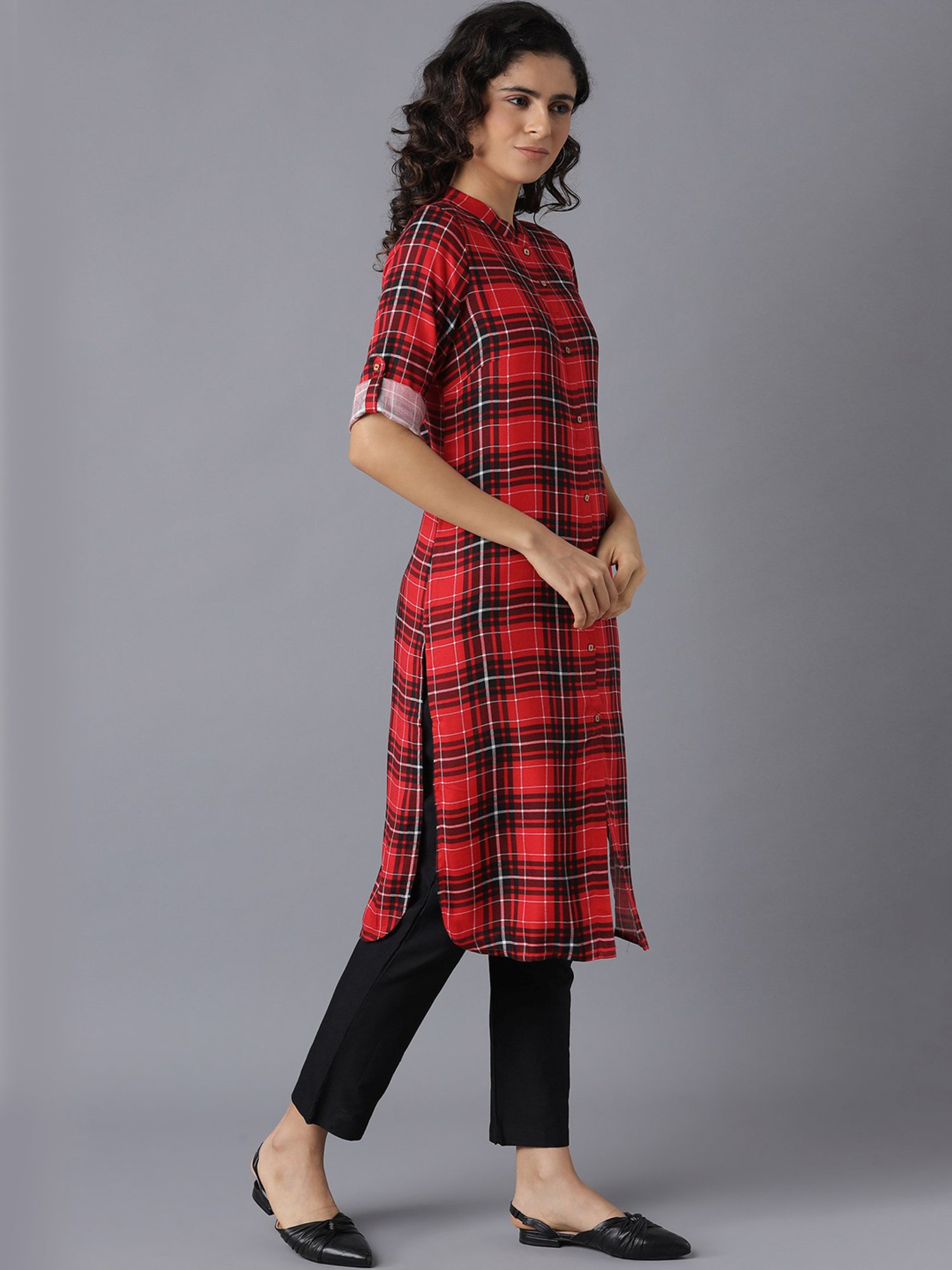 Aurelia Red Chequered Kurta Pant Set