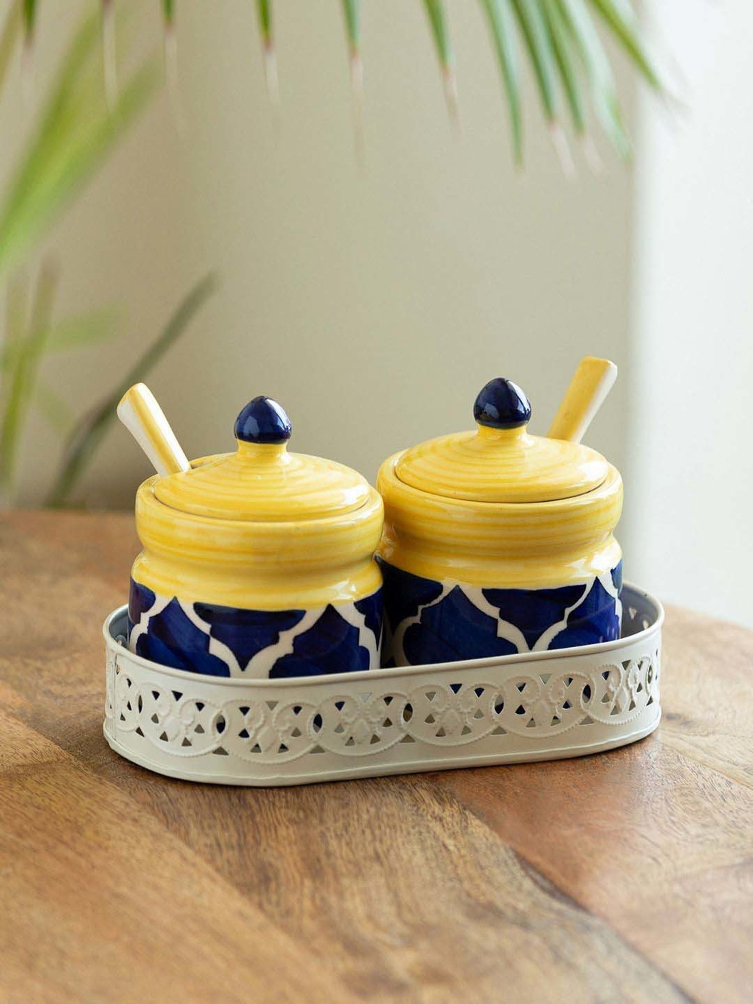 ExclusiveLane Blue & Yellow Ceramic Moroccan Pickle Jar Set with Iron Tray & Spoon