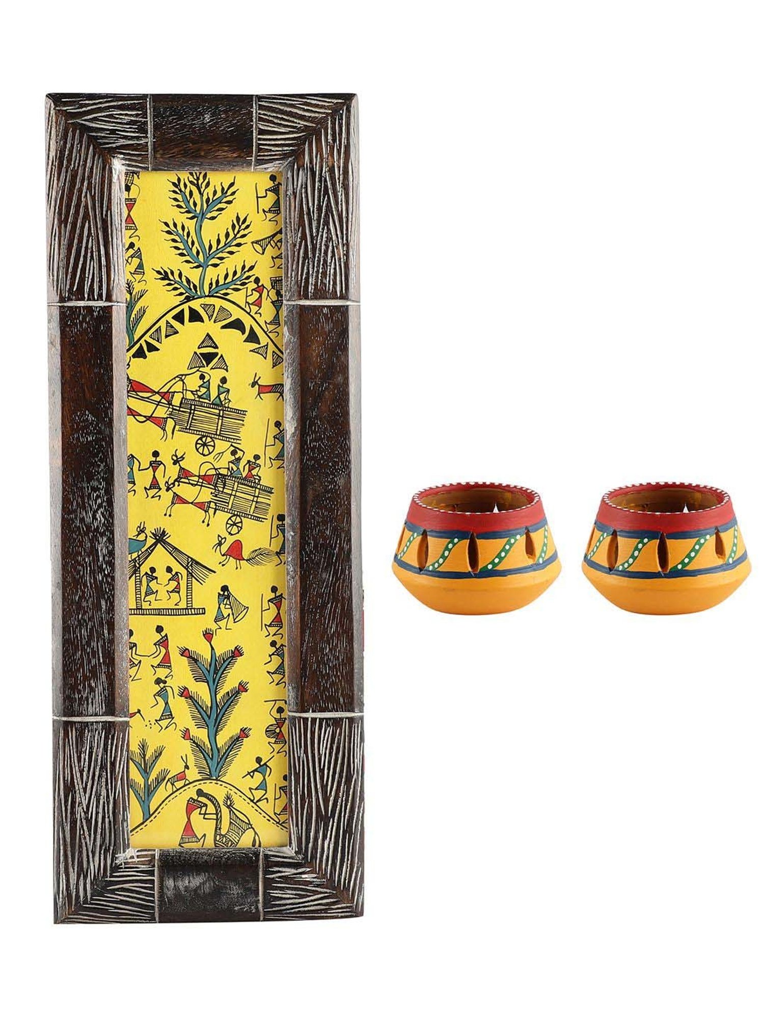 VarEesha Upahaar Yellow Wood Wall Art with 2 Tea Light Holders