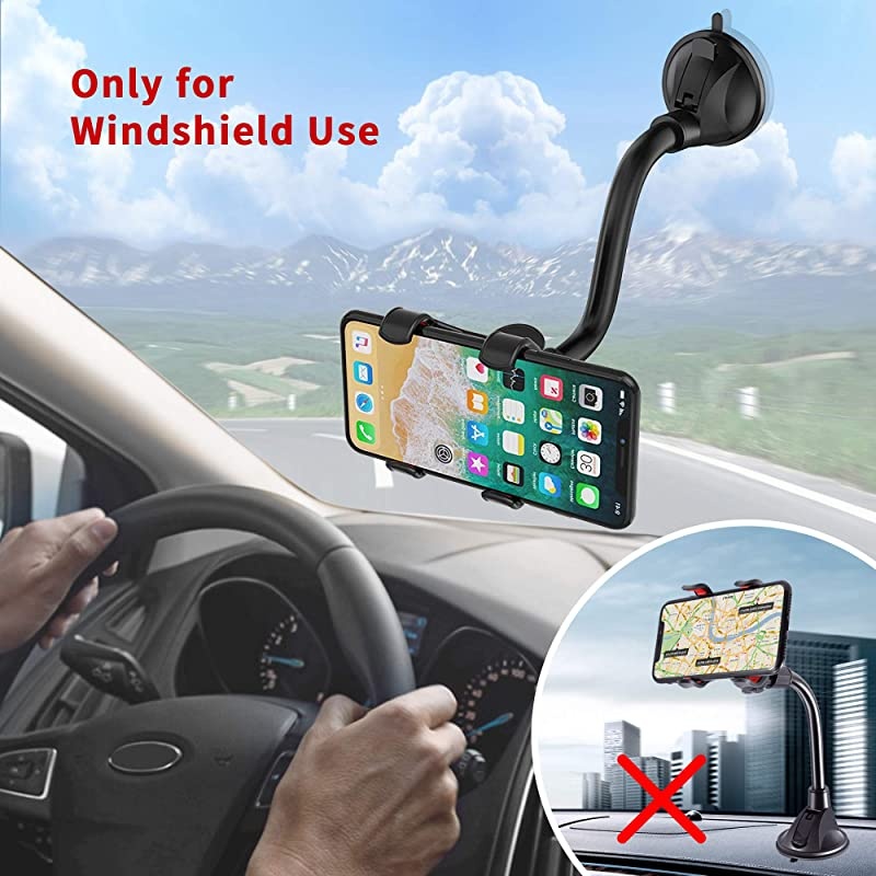 Upgraded No Glue Car Phone Mount Windshield with Strong Suction Long Arm Cell Phone Holder for Car with XShaped Clamp Fits ThickIrregular Phone Case