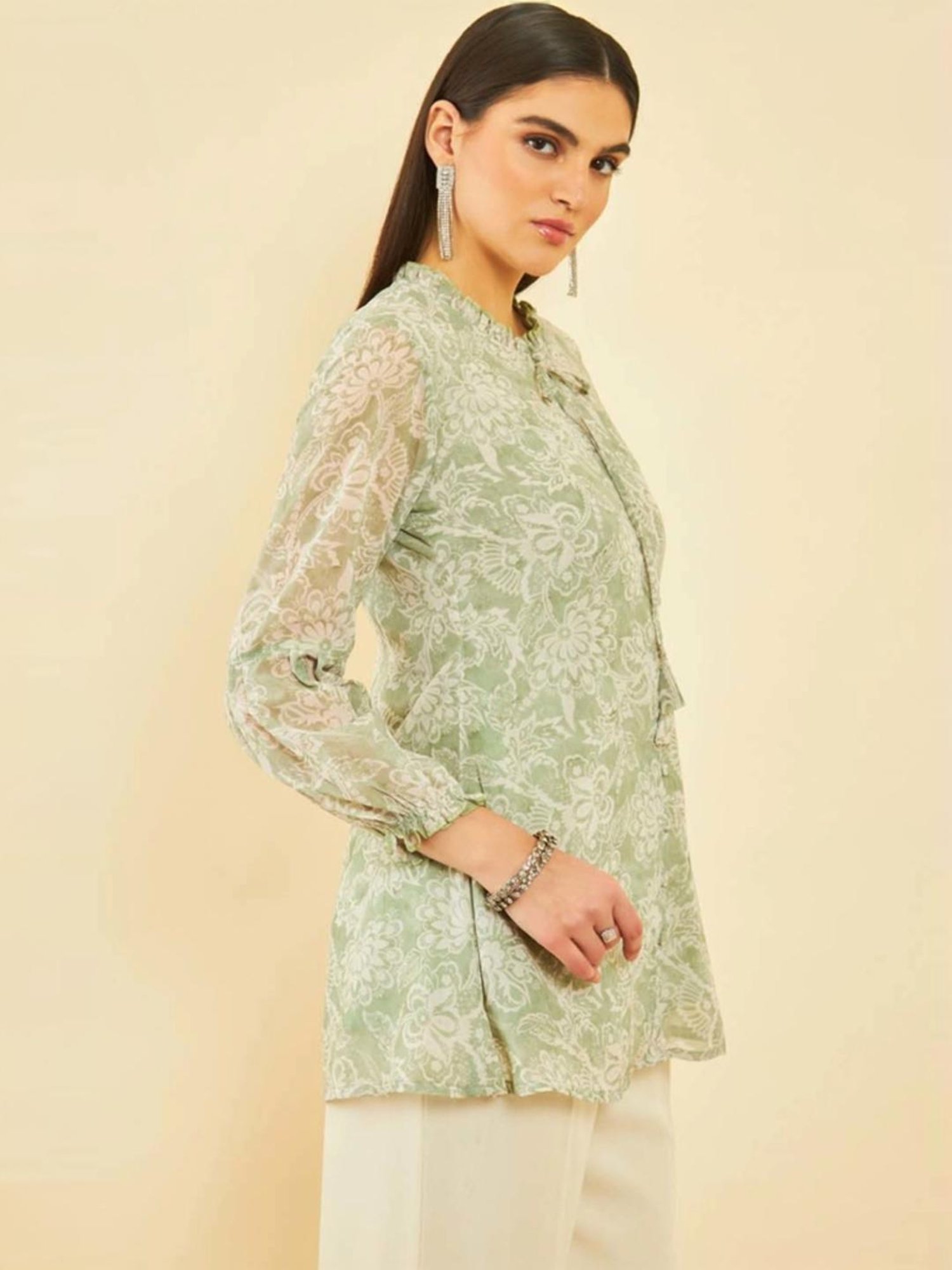 Soch Womens Sap Green Georgette Blend Floral Print Tunic With Ruffles