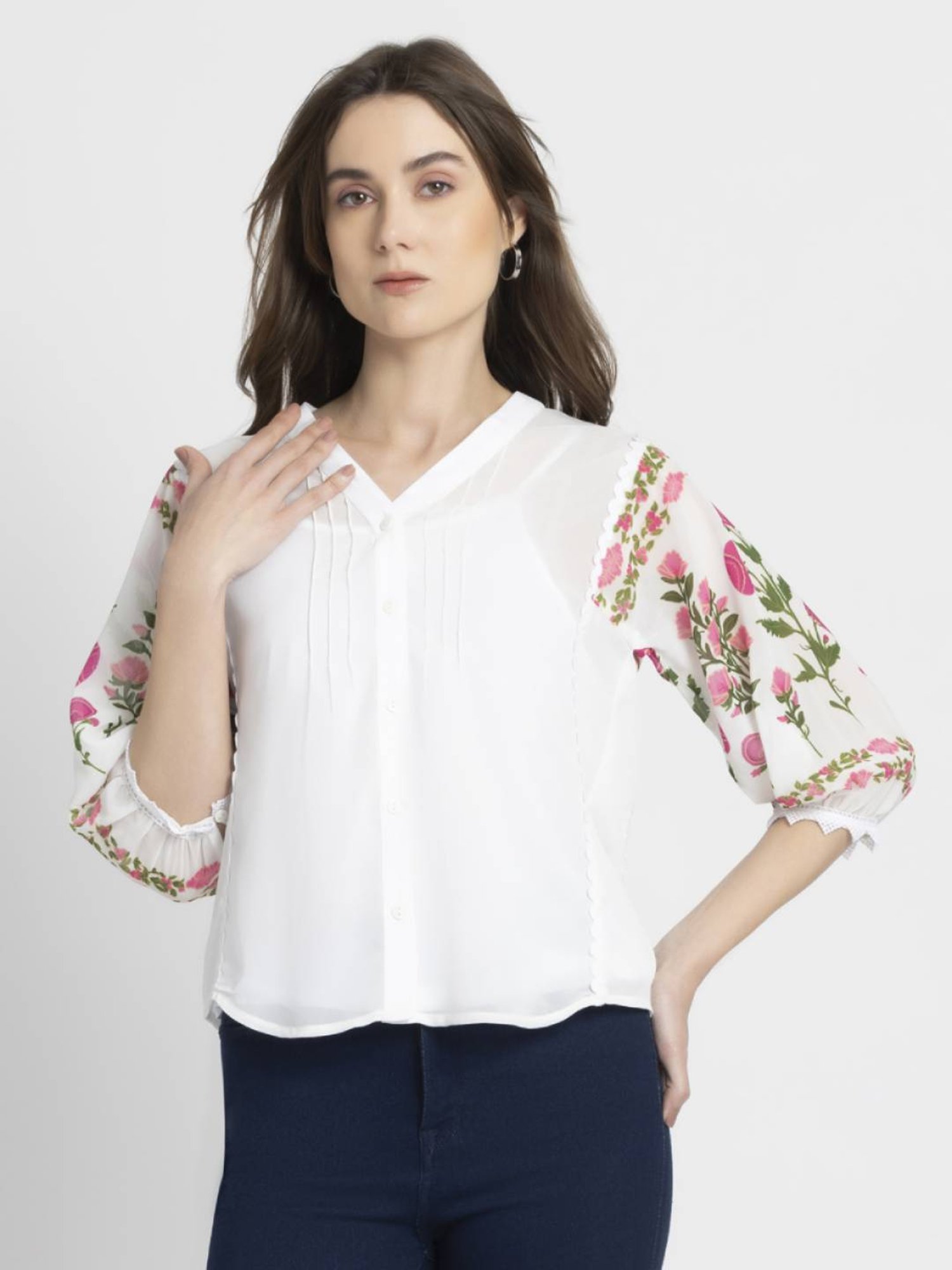 SHAYE White Floral Print Top