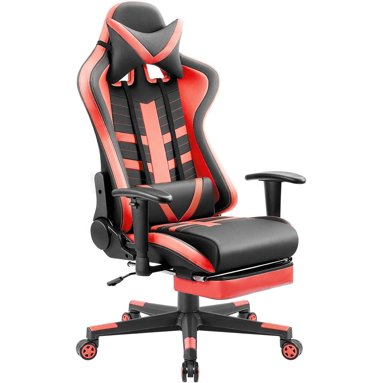 Homall Gaming Chair with Thickened Footrest Ergonomic Swivel Racing High-Back Bucket Seat, Premium PU Leather, Reclining, Hydraulic Height Adjustment, Lumbar Support, Adjustable Armrest (Red)