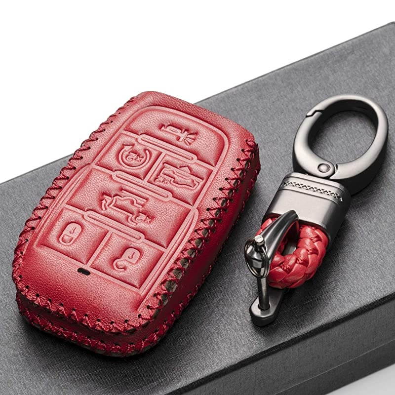 Genuine Leather Keyless Entry Remote Control Smart Key Case Cover with Leather Key Chain for 2019 2021 RAM 1500 6Button Red