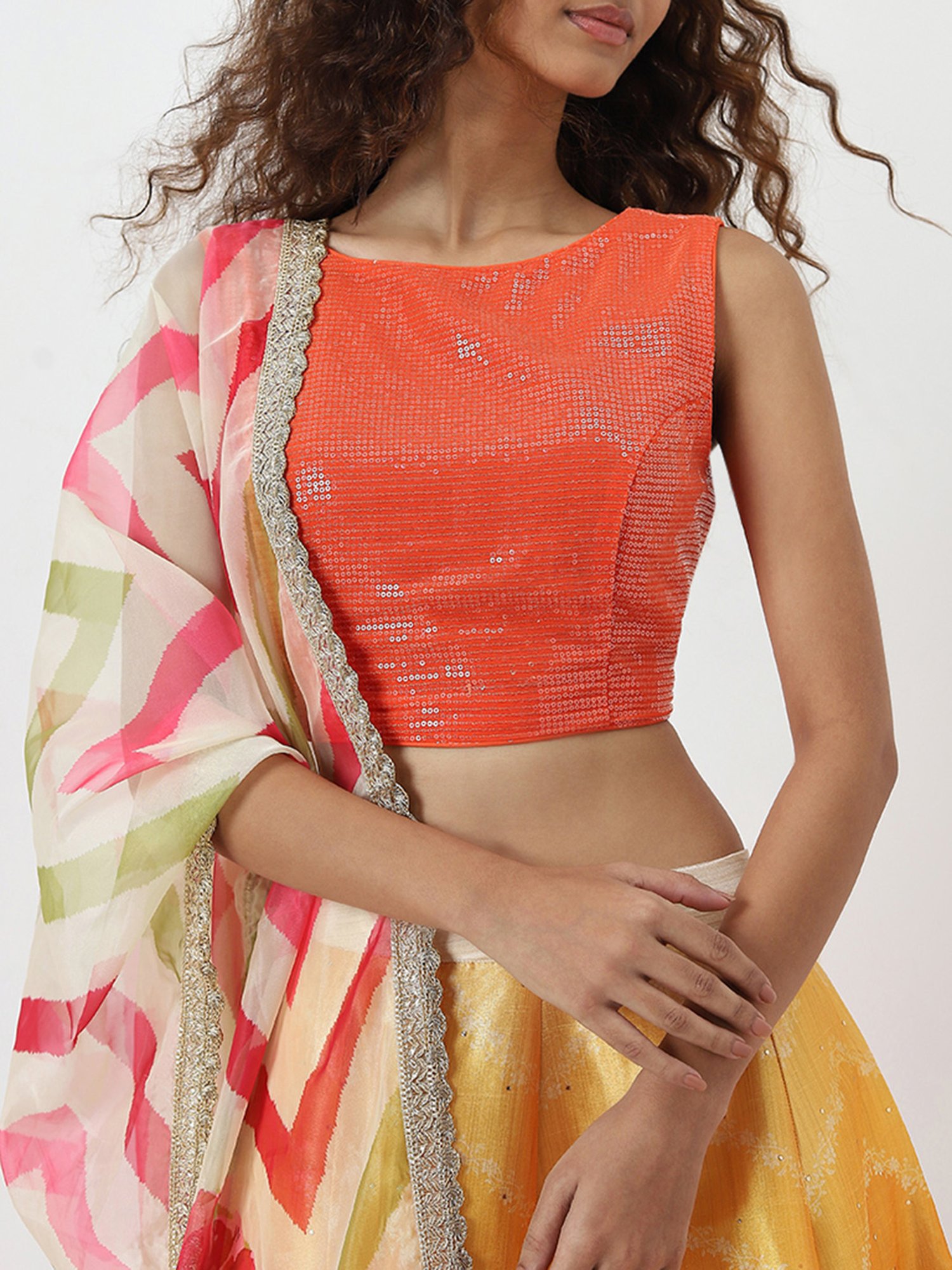 Vark by Westside Orange Embellished Top, Skirt and Dupatta Set