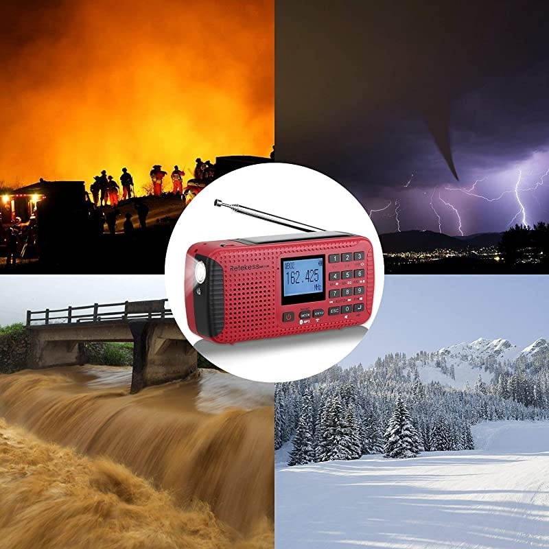 HR11W Digital NOAA Weather Radio, Solar Radio Bluetooth, Wind Up Radio Emergency with Phone Charger, TF Socket, SOS Alarm, for Hurricanes (Red)