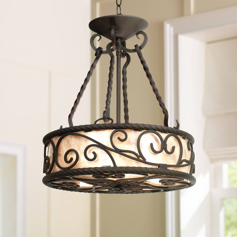 John Timberland Walnut Pendant Chandelier 17" Wide Rustic Country Cottage Scroll Natural Mica Shade for Dining Room House Kitchen