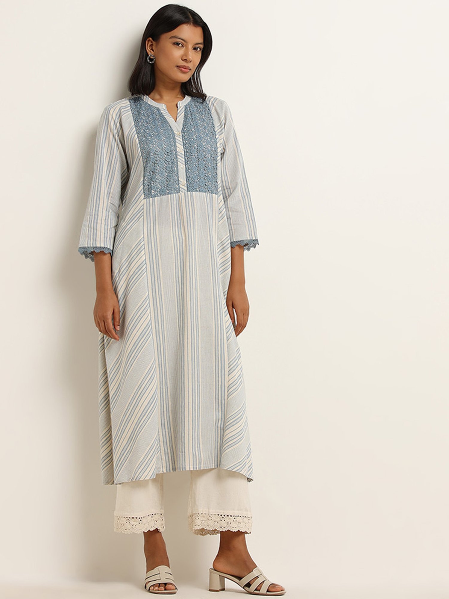 Utsa by Westside Blue Lace Design Blended Linen A-Line Kurta