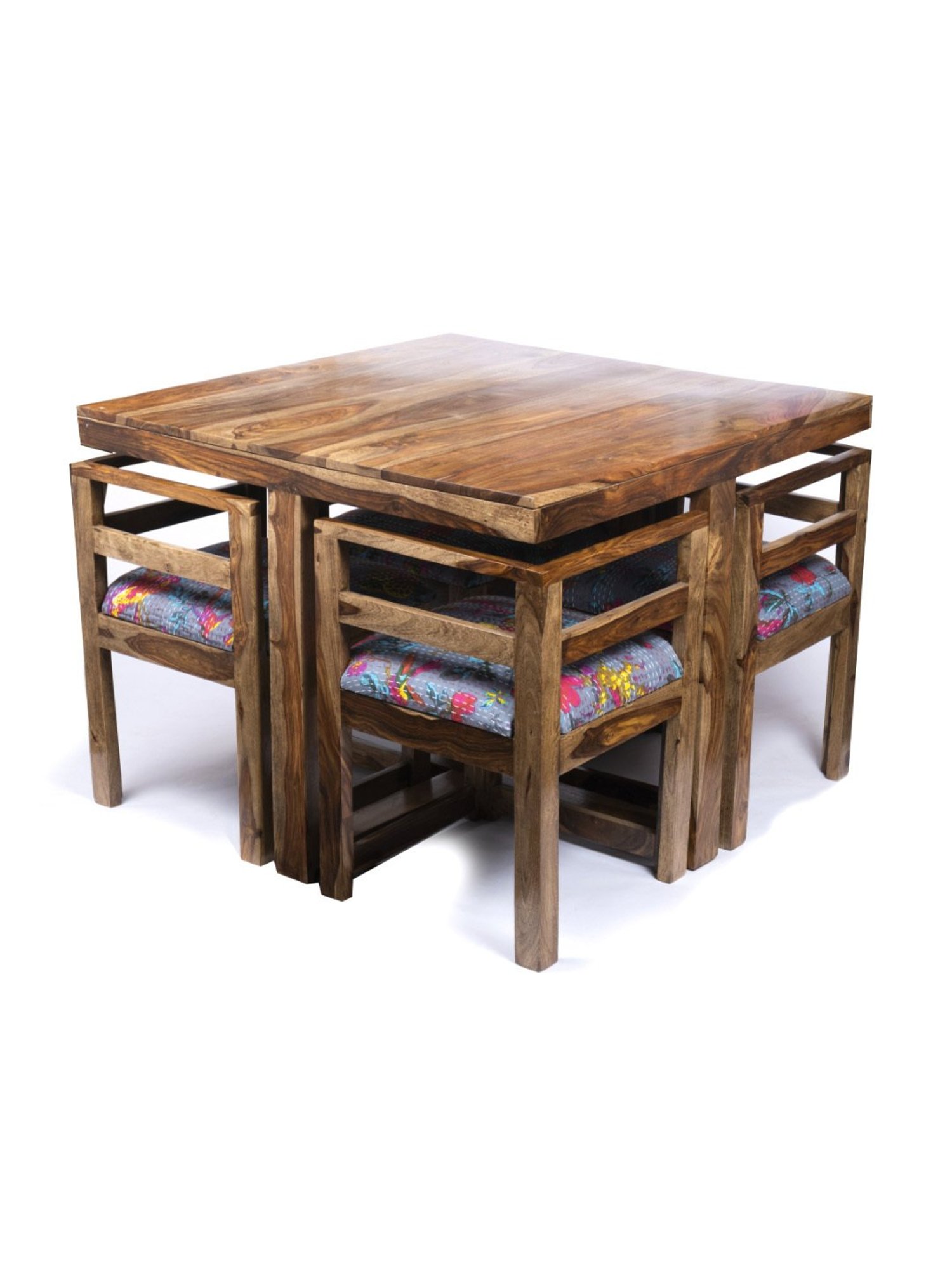 Ikiriya Kingston Printed Brown & Blue Wood 4 Seater Dining Table Set Teak Finish