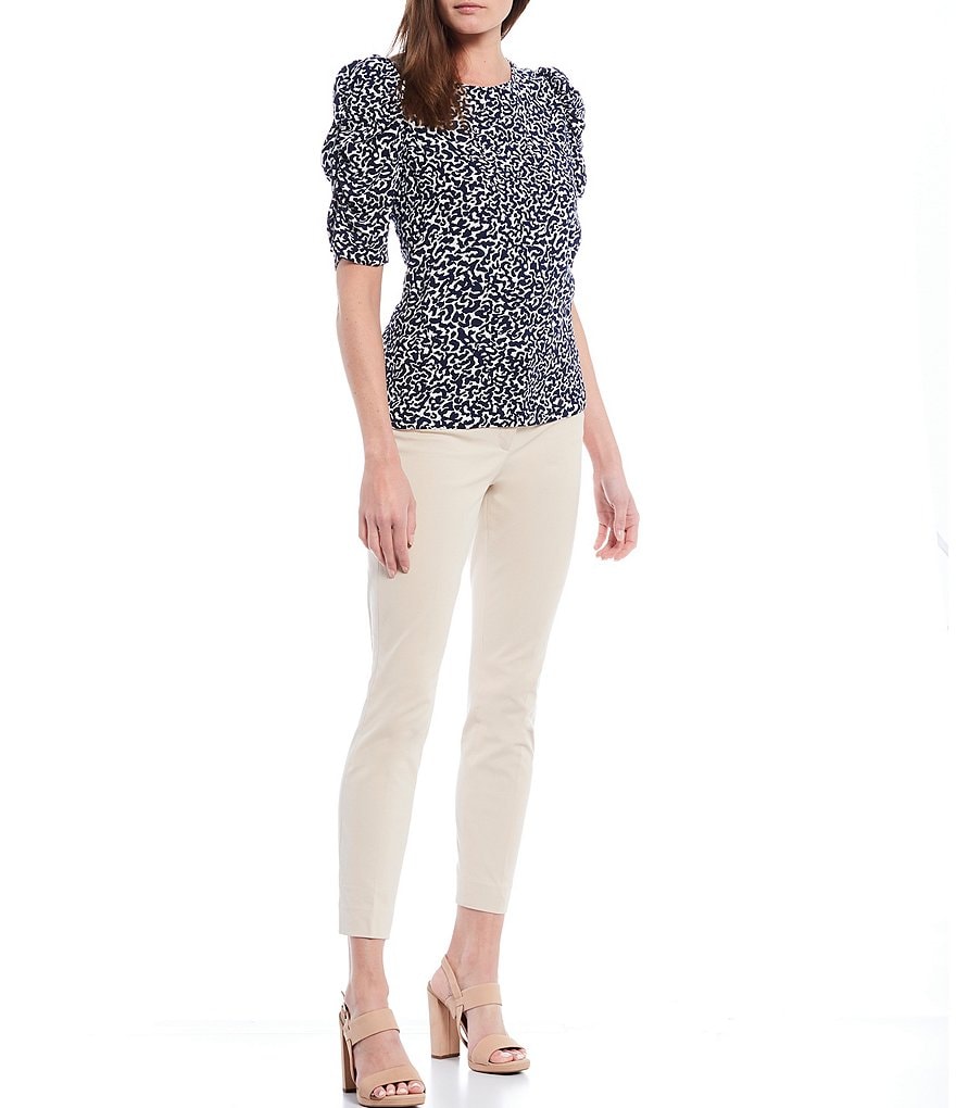 Gibson & Latimer Round Neck Puff Shirred Short Sleeve Crepe Blouse