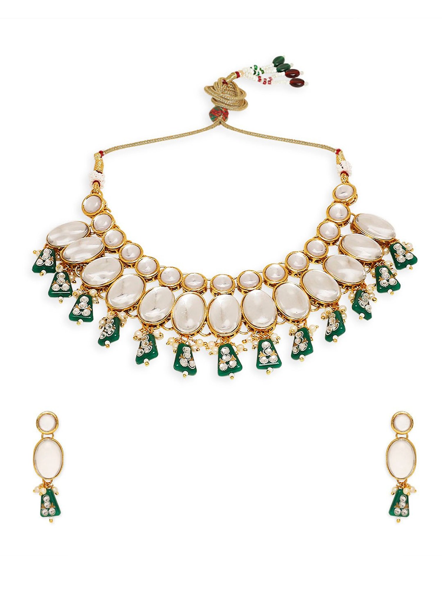 OOMPH Green Beads & Kundan Heavy Ethnic Jadau Choker Necklace Set with Drop Earrings