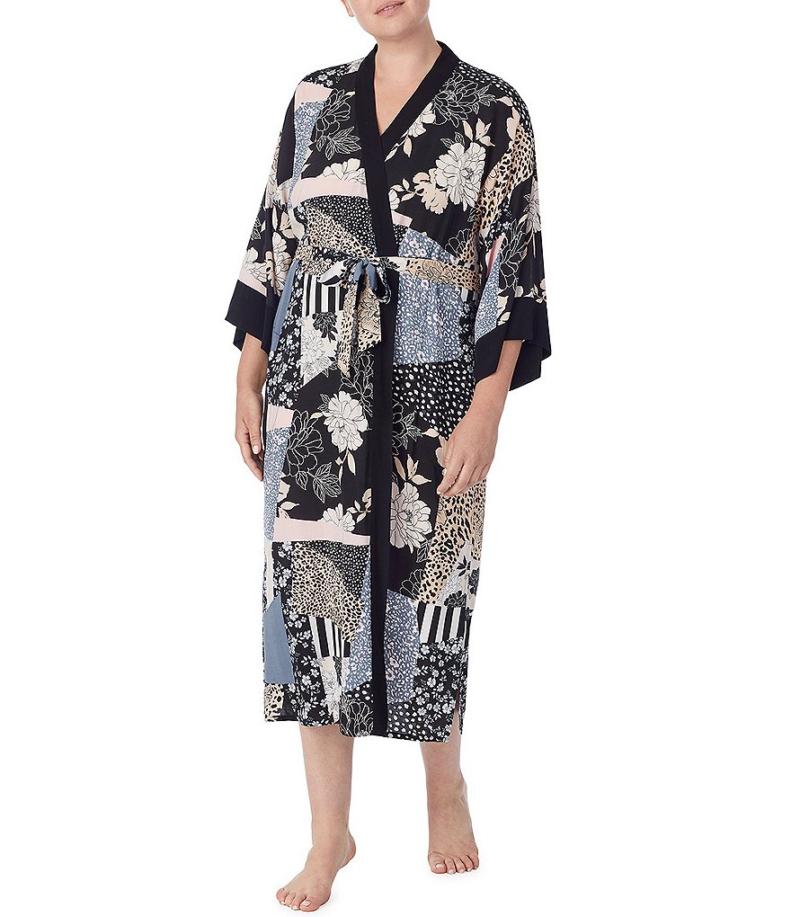 Kensie Plus Mixed Patchwork Print Woven Long Wrap 3/4 Sleeve Robe