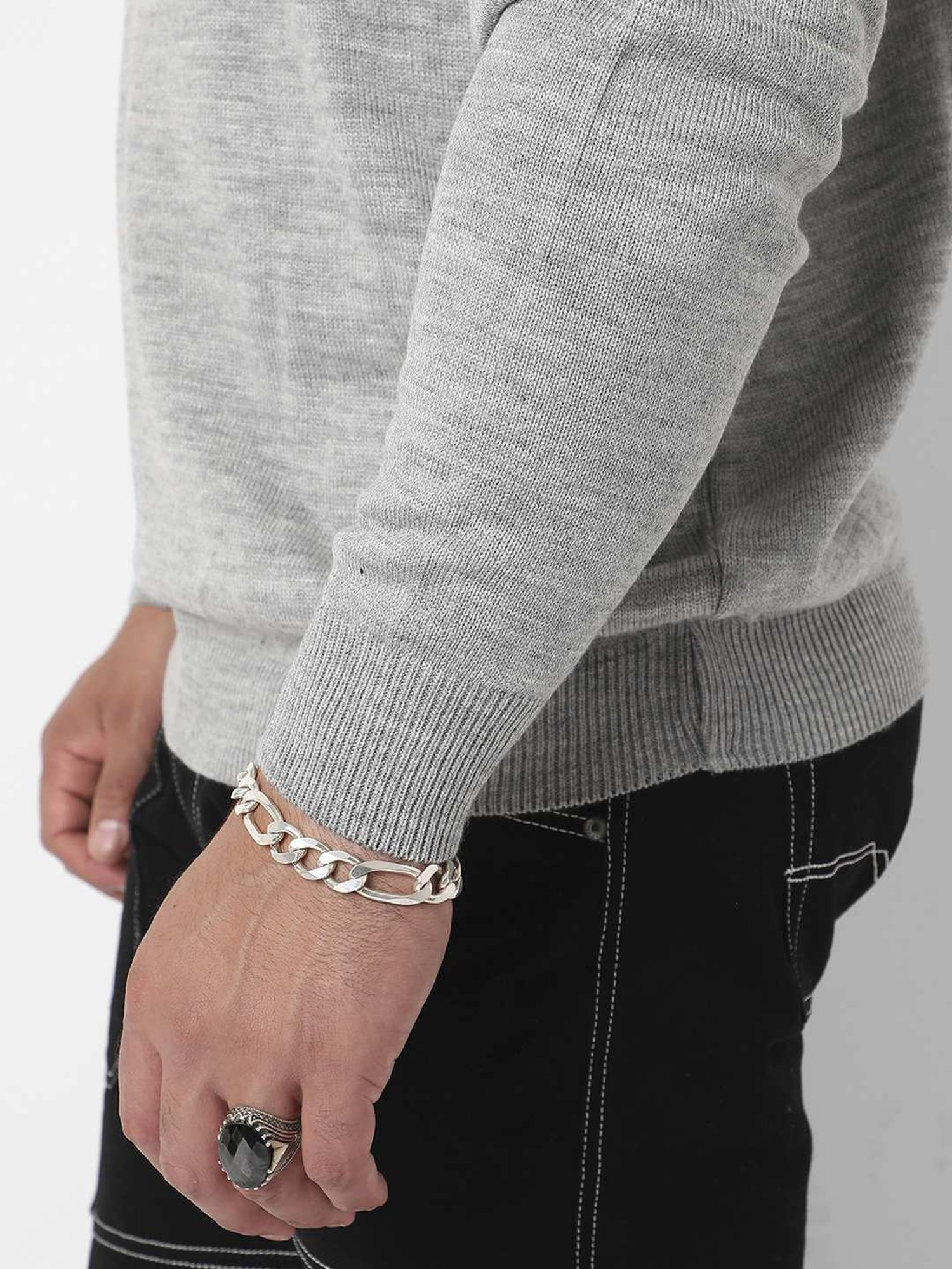 Instafab Plus Light Grey Regular Fit Striped Plus Size Sweater