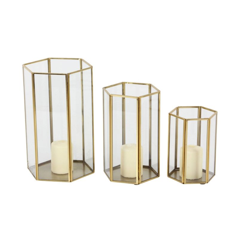 Set of 3 Modern Metal and Glass Candle Holders with Hexagon Silhouettes Gold - CosmoLiving by Cosmopolitan