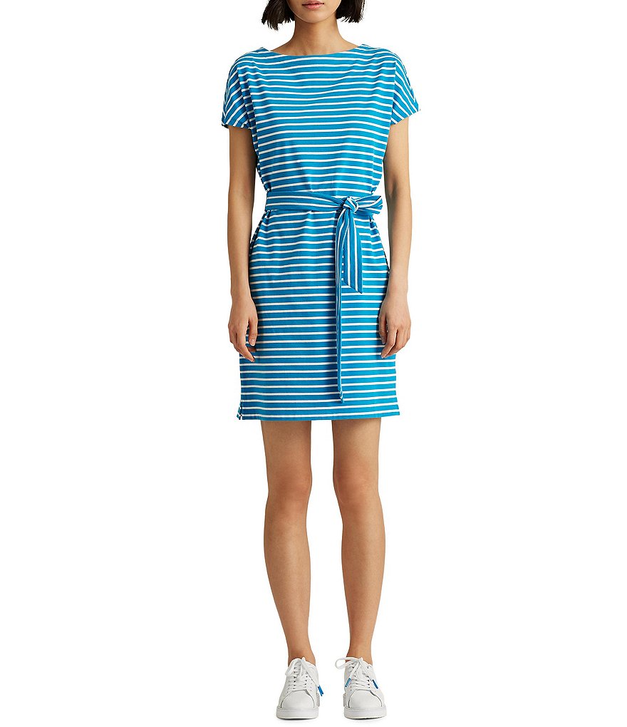 Lauren Ralph Lauren Petite Size Striped Cotton Jersey Boat Neckline Sash Short Sleeve Belted Dress