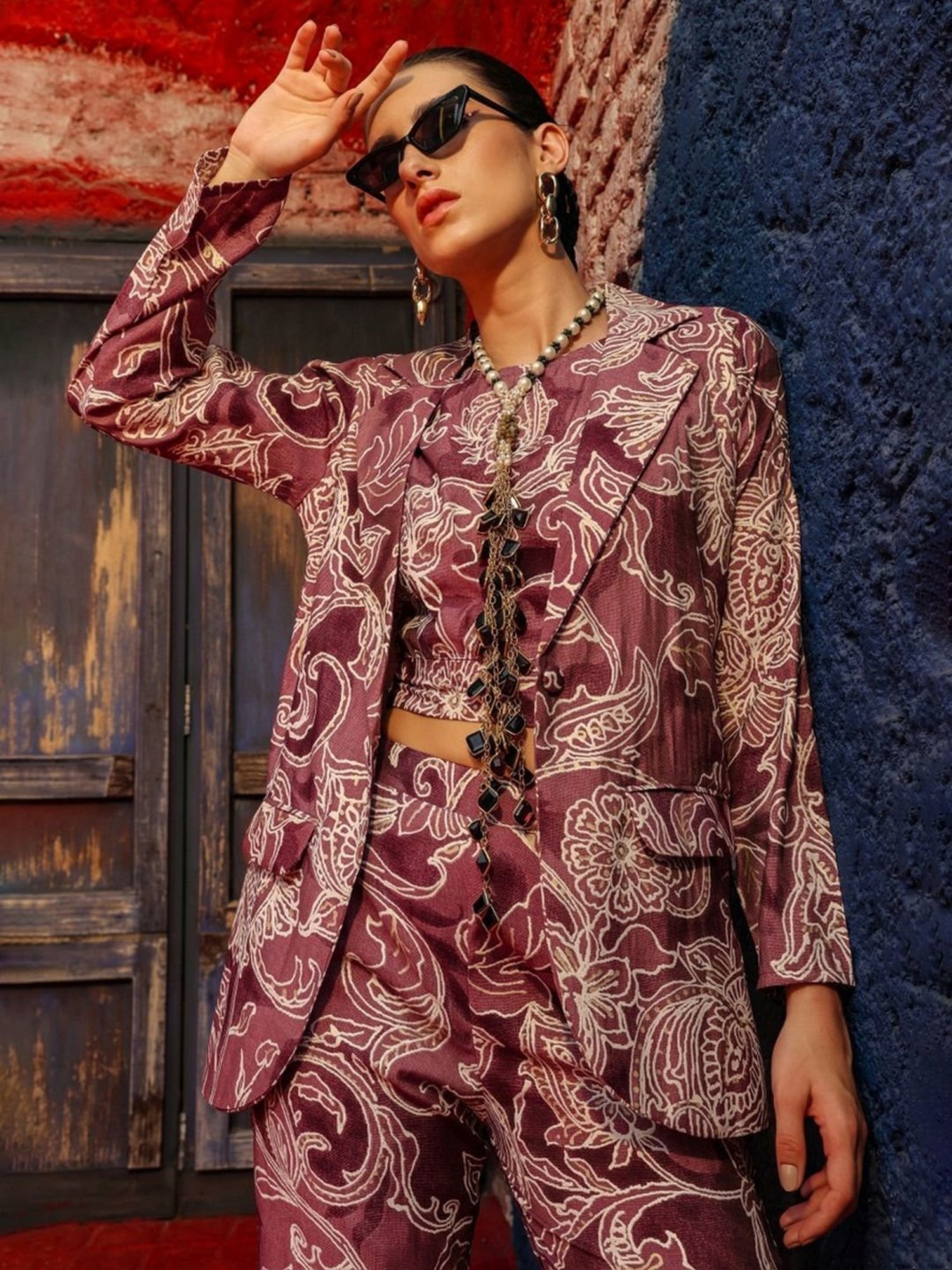 Zolo Label Purple Printed Top Pant Set With Blazer