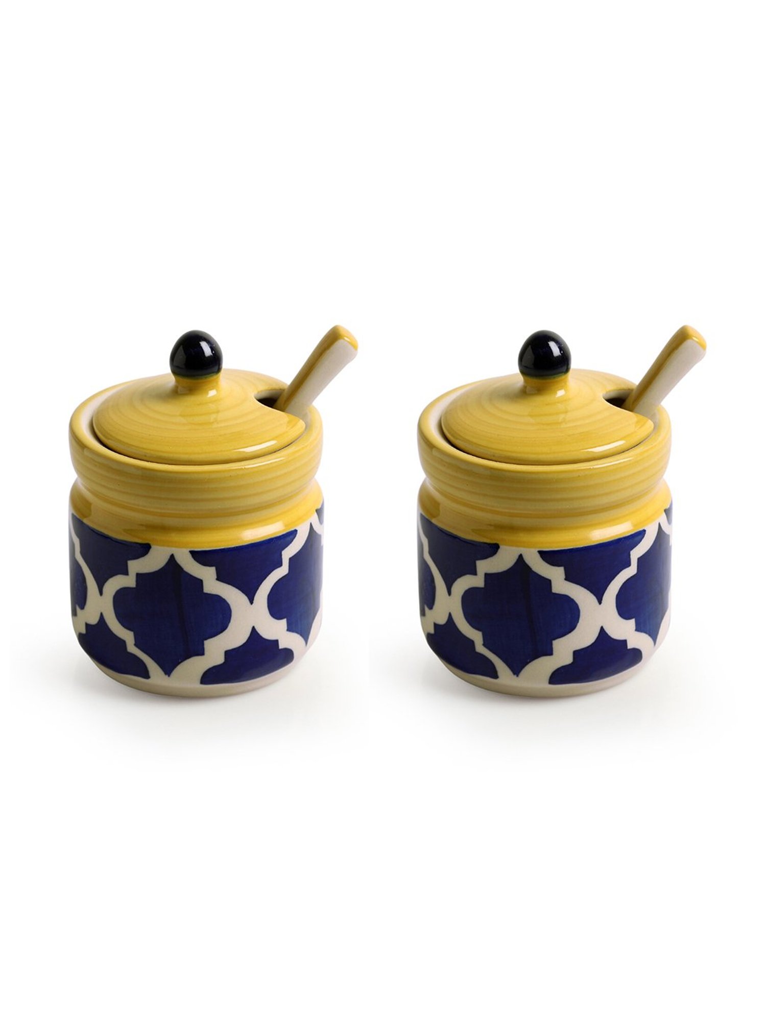 ExclusiveLane Moroccan Yellow & Blue Ceramic Pickle Holder - Set of 2, 280 ML
