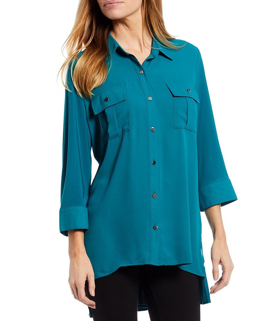 Slim Factor by Investments Bridget 3/4 Sleeve Button Front Hi-Low Top