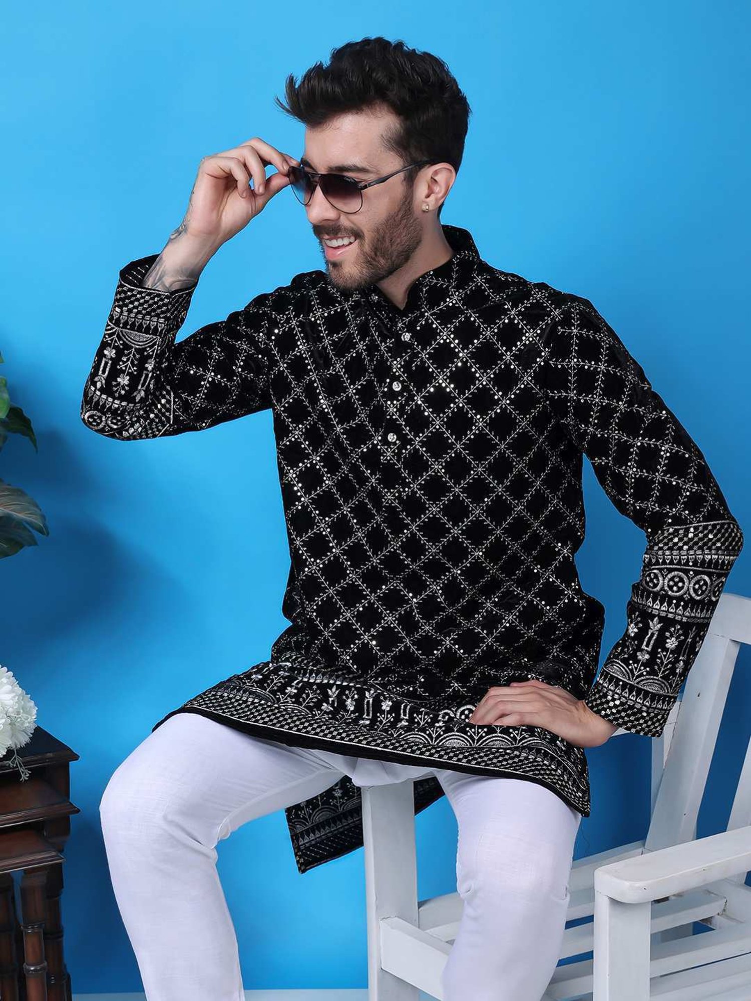 Hangup Black & White Regular Fit Embellished Kurta Bottom Set