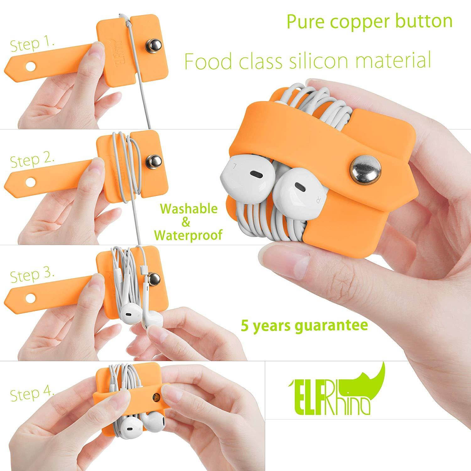 ELFRhino Earbuds Holder Tangle-Free Cord Organizer Earphone Organizer Headphone Headset Organizer Silicone Earbuds Wrap Winder Cord Manager Cable Winder Orange