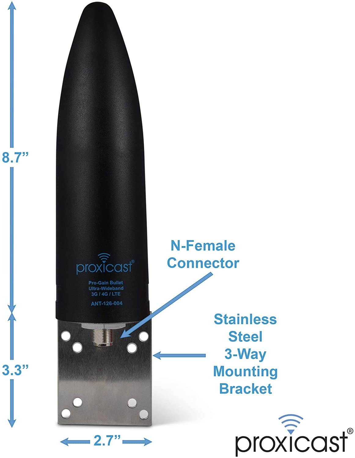 Proxicast 7 dBi Pro-Gain Bullet 4G / LTE or WiFi Omni-Directional Wideband Antenna with Stainless Outdoor Pole/Wall/Rail Mount - Black for Verizon AT&T T-Mobile and Others