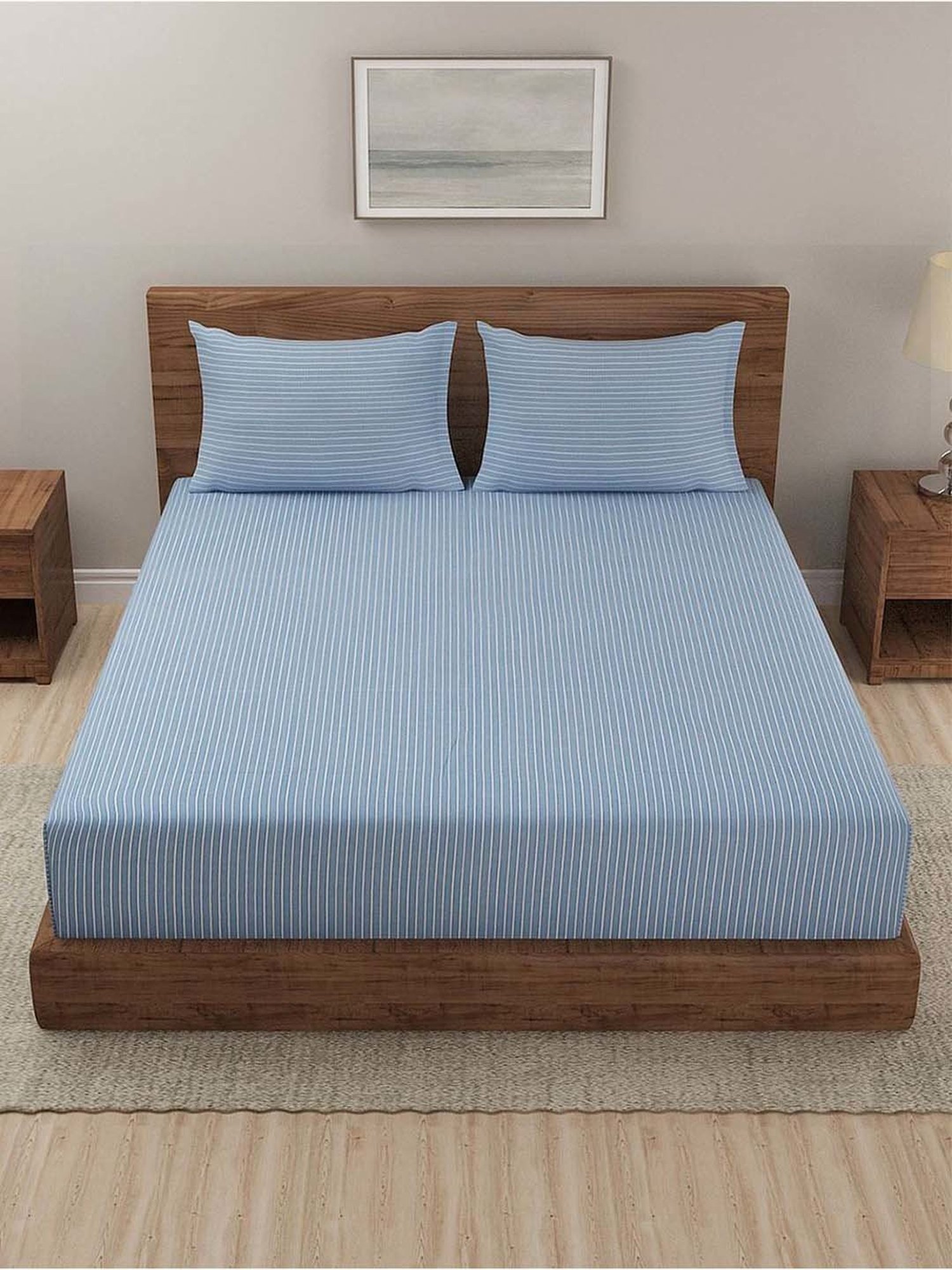 Fabindia Blue Cotton 92 TC Single Bed Sheet With Pillow Cover