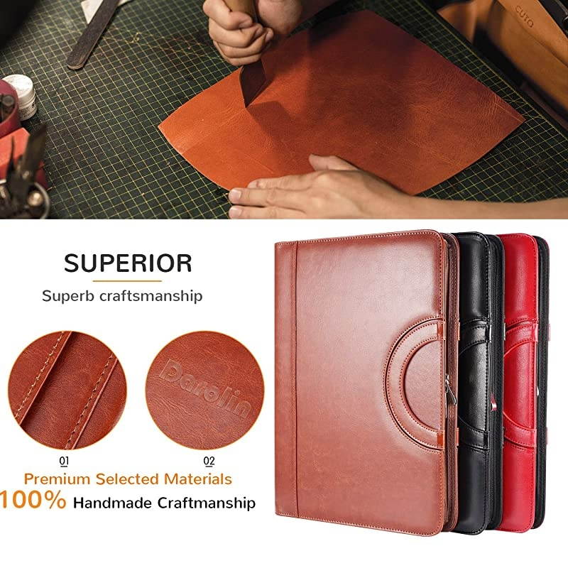 Zippered Leather Padfolio Portfolio with Hidden Handle and Clipboard Business Conference Portfolio Organizer Notepad Folder Portfolio Bag Portfolio Padfolio for WomenMen Brown