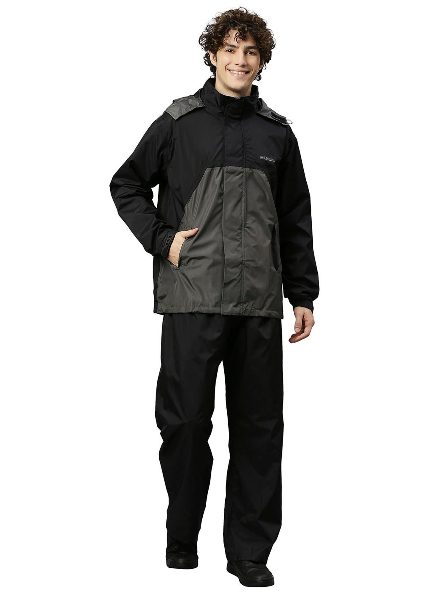 Zeel Black & Grey Colour-Block Rainwear Jacket