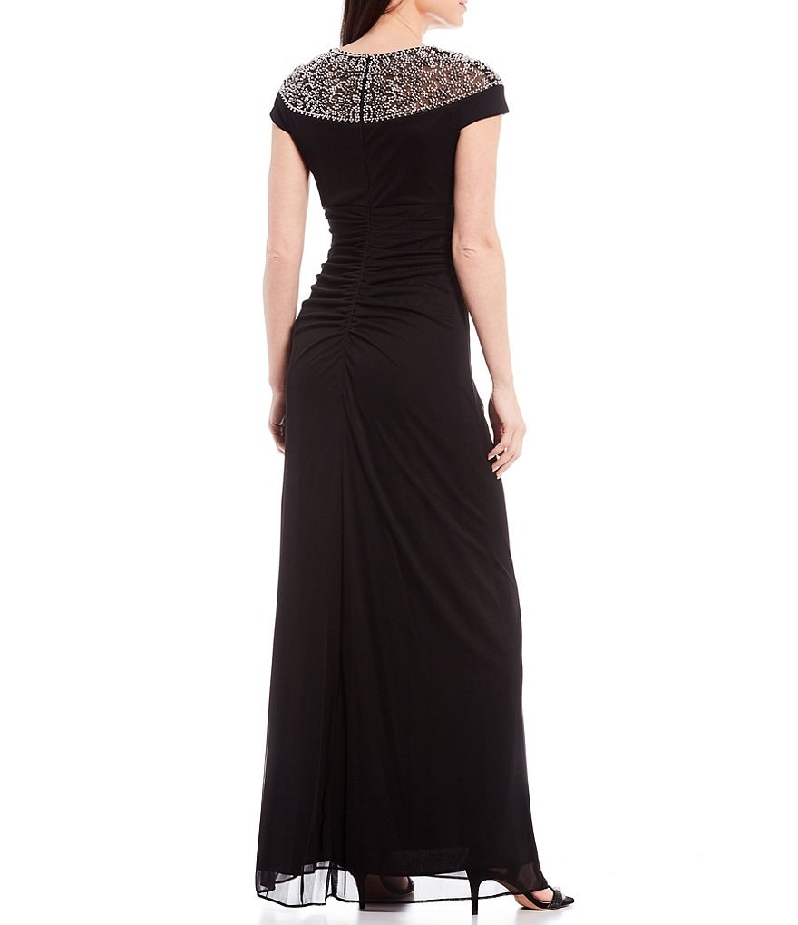 Betsy & Adam Beaded Yoke Side Ruched Cap Sleeve Stretch Jersey Gown