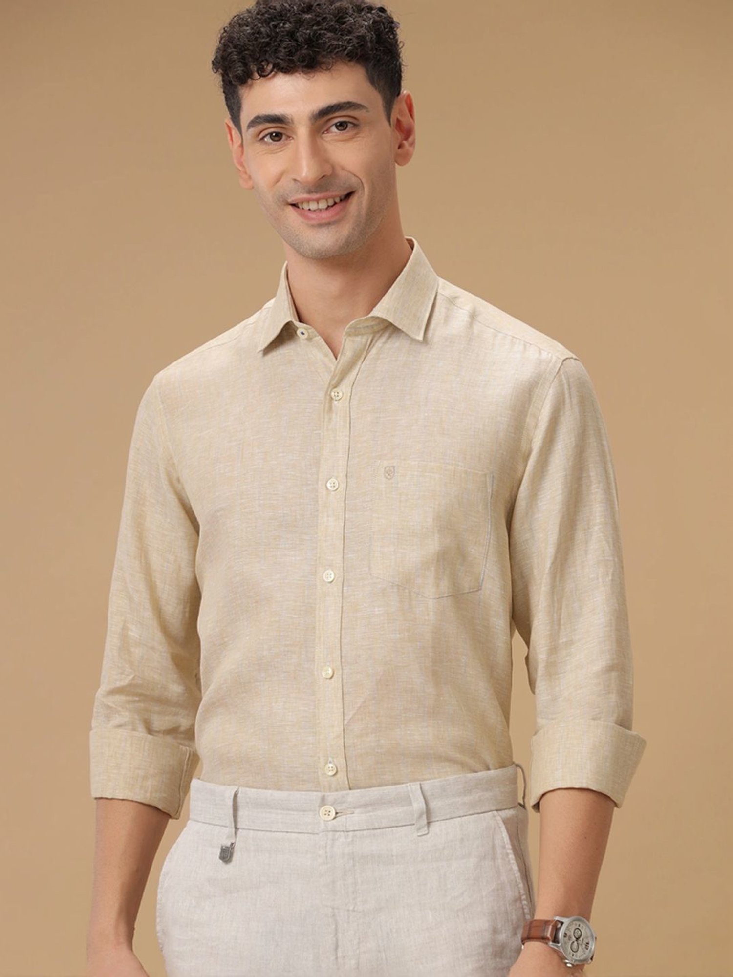 Linen Club Beige Linen Contemporary Fit Striped Shirt