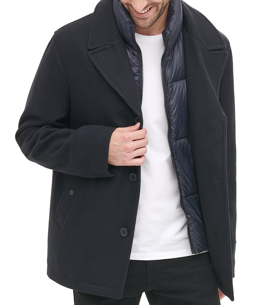 DKNY Long-Sleeve Nylon Quilted-Bib Wool-Blend Peacoat