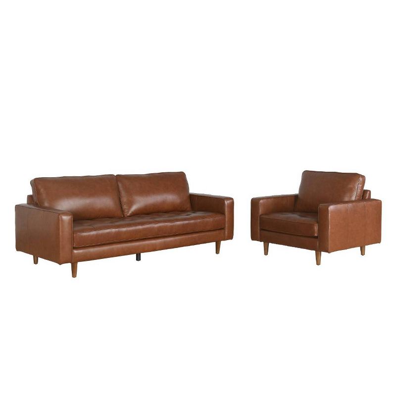 2pc Calvin Mid Century Top Grain Leather Sofa & Armchair Set Camel - Abbyson Living