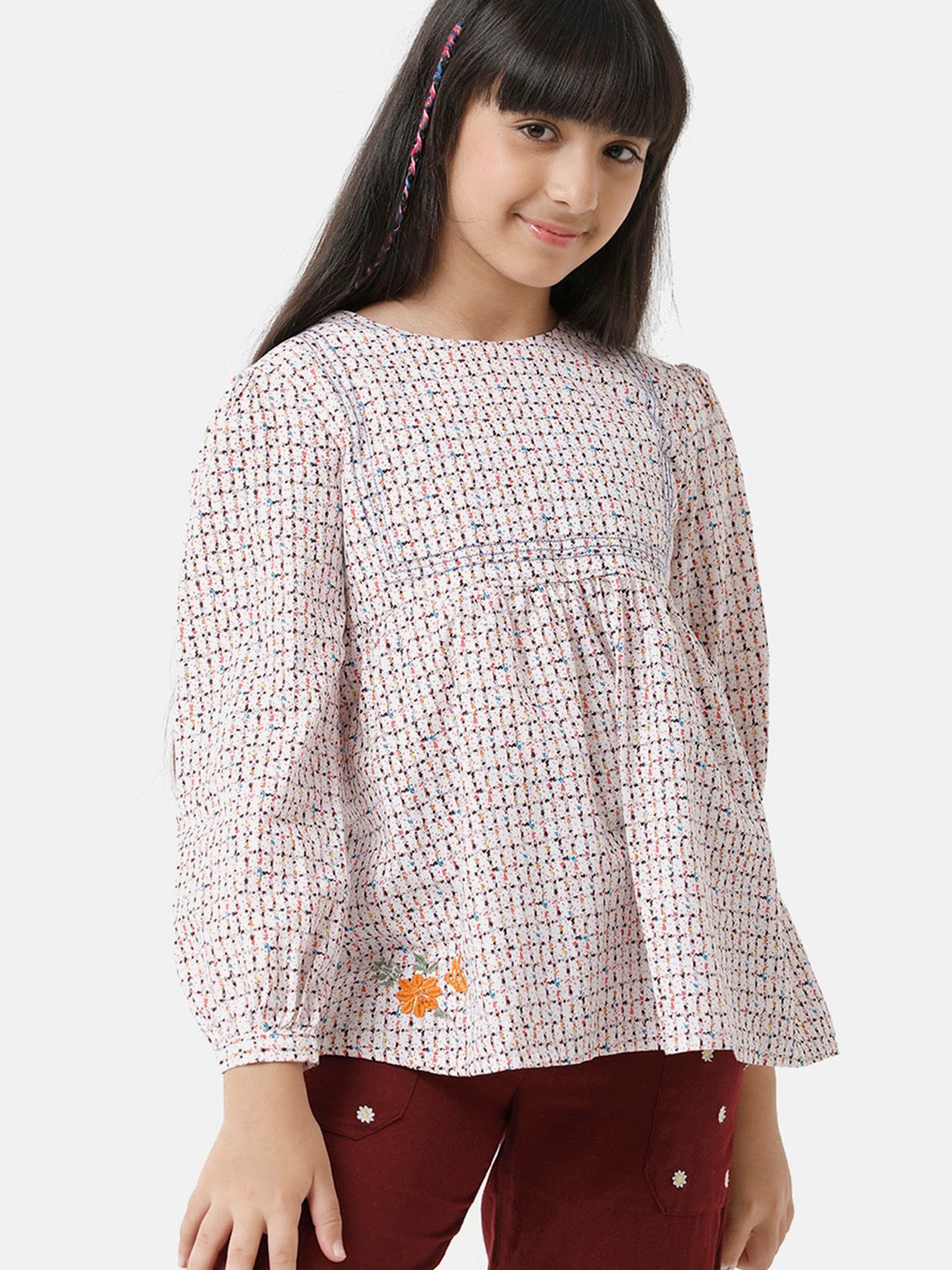 Under Fourteen Only Kids Peach Printed Full Sleeves Top