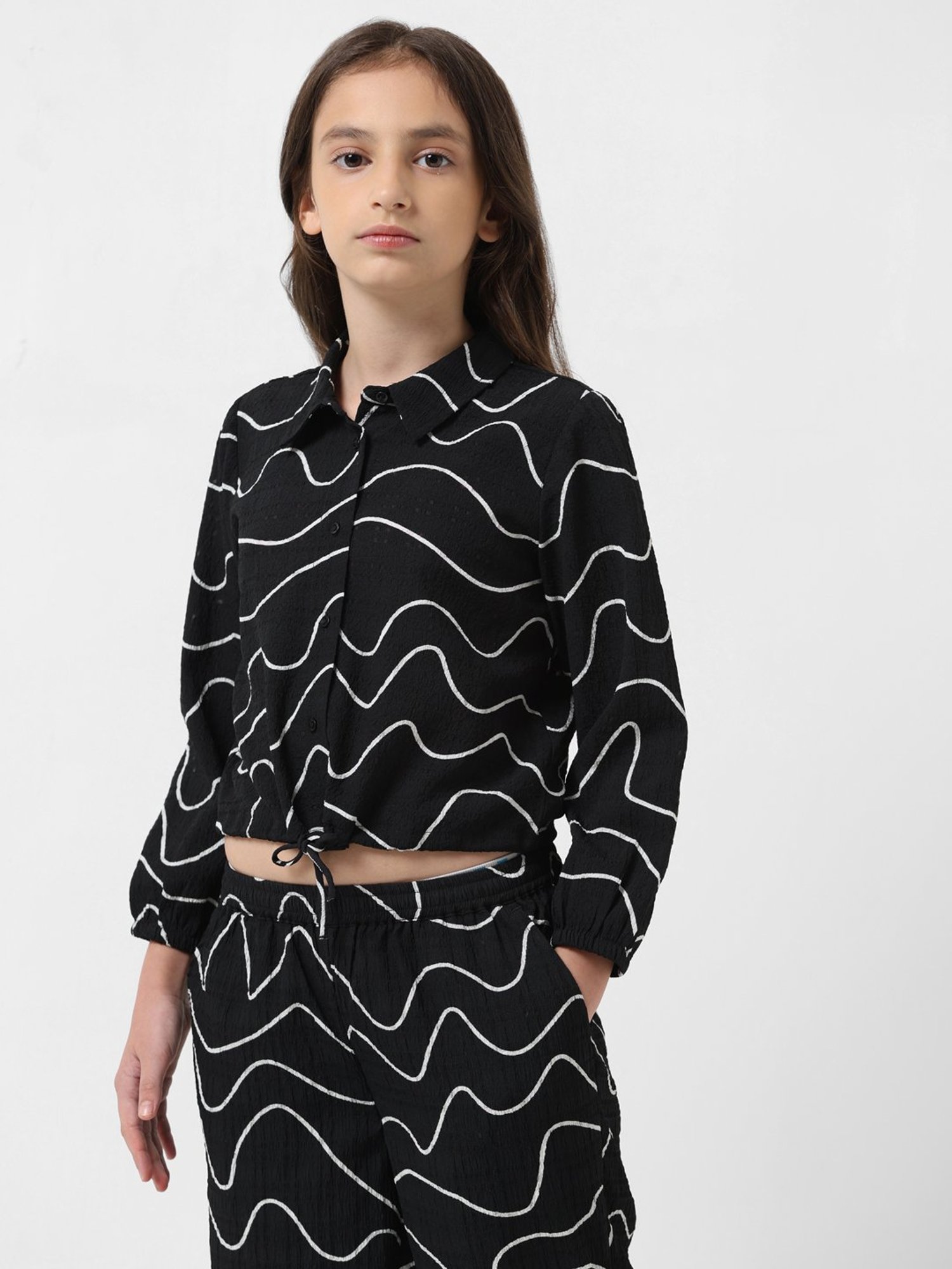 VERO MODA GIRL Anthracite Printed Full Sleeves Shirt Top