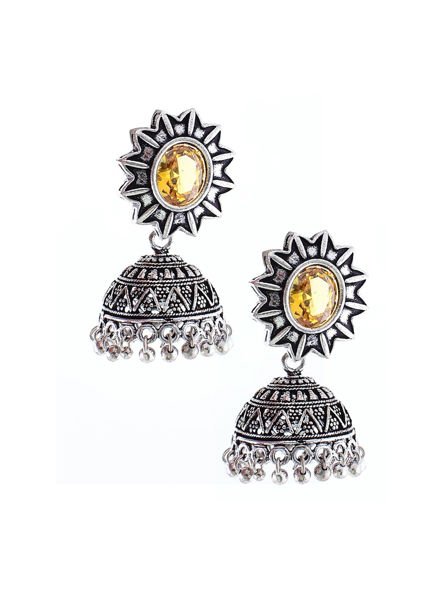 Imli Street Yellow Silver Tone Stone-Studded Handcrafted Jhumki Earrings