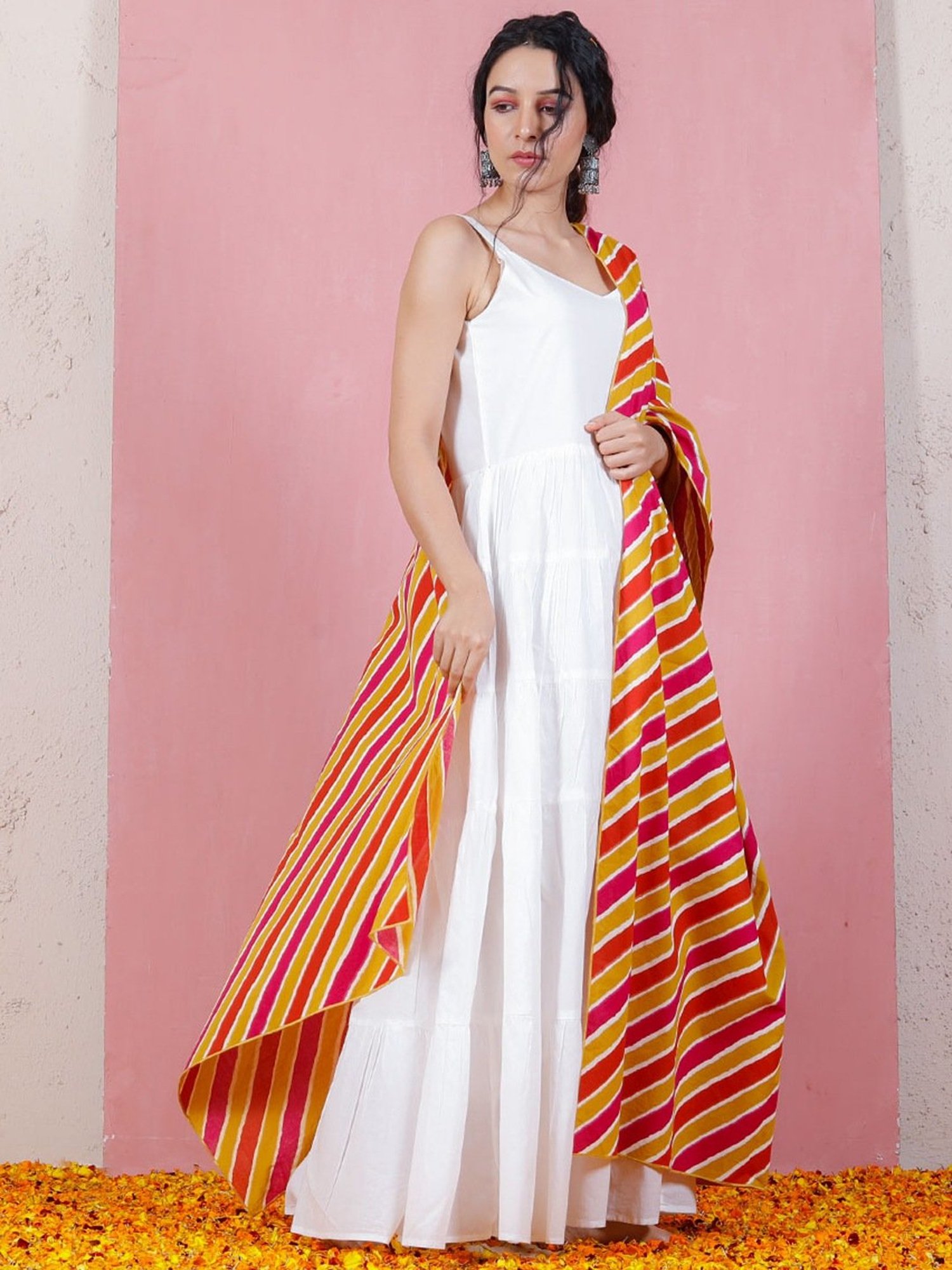 Rustorange White A Line Kurta With Dupatta