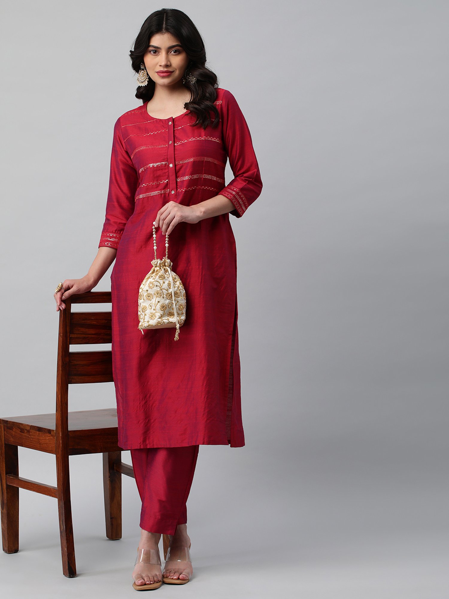 Kami Kubi Dark Pink Embellished Straight Kurta