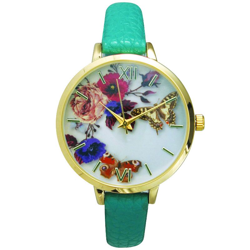 Olivia Pratt Leather Strap Fashion Watch W/ Floral Face - Teal