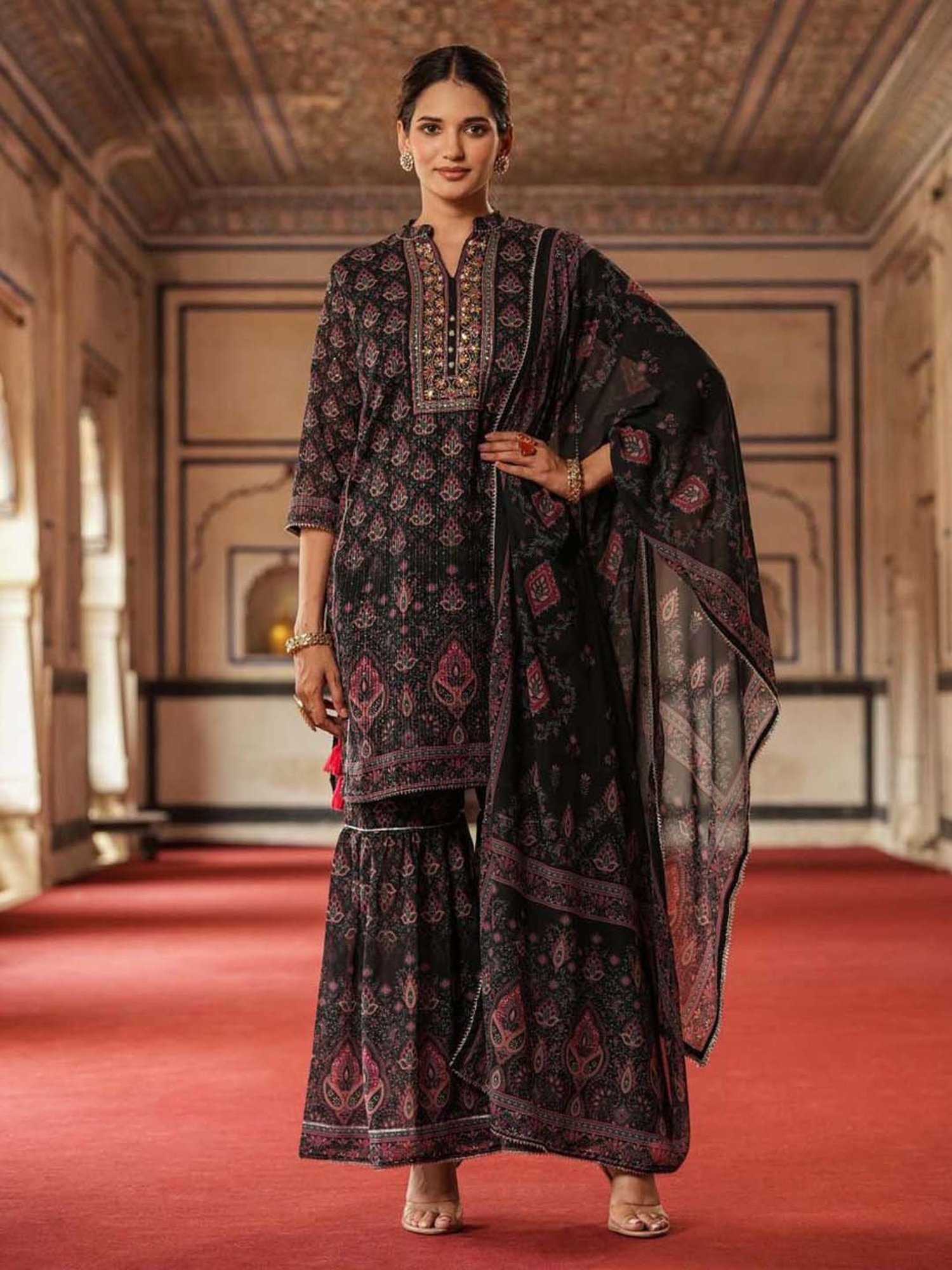 SCAKHI Black Printed Kurti Sharara Set With Dupatta