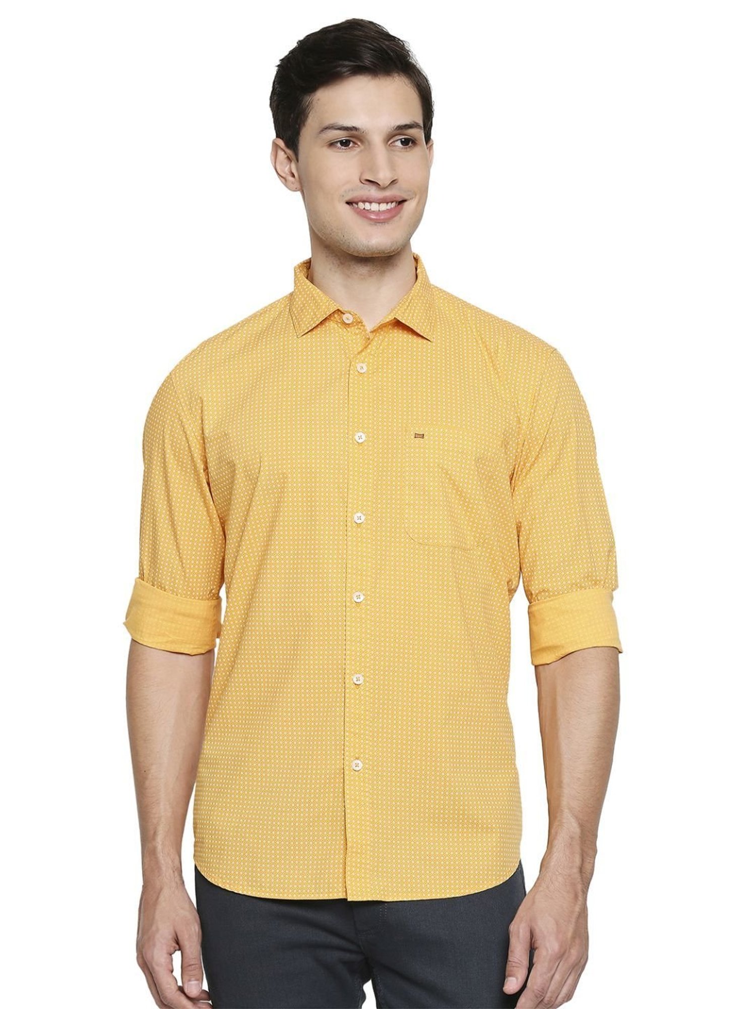 Basics Yellow Cotton Slim Fit Printed Shirt