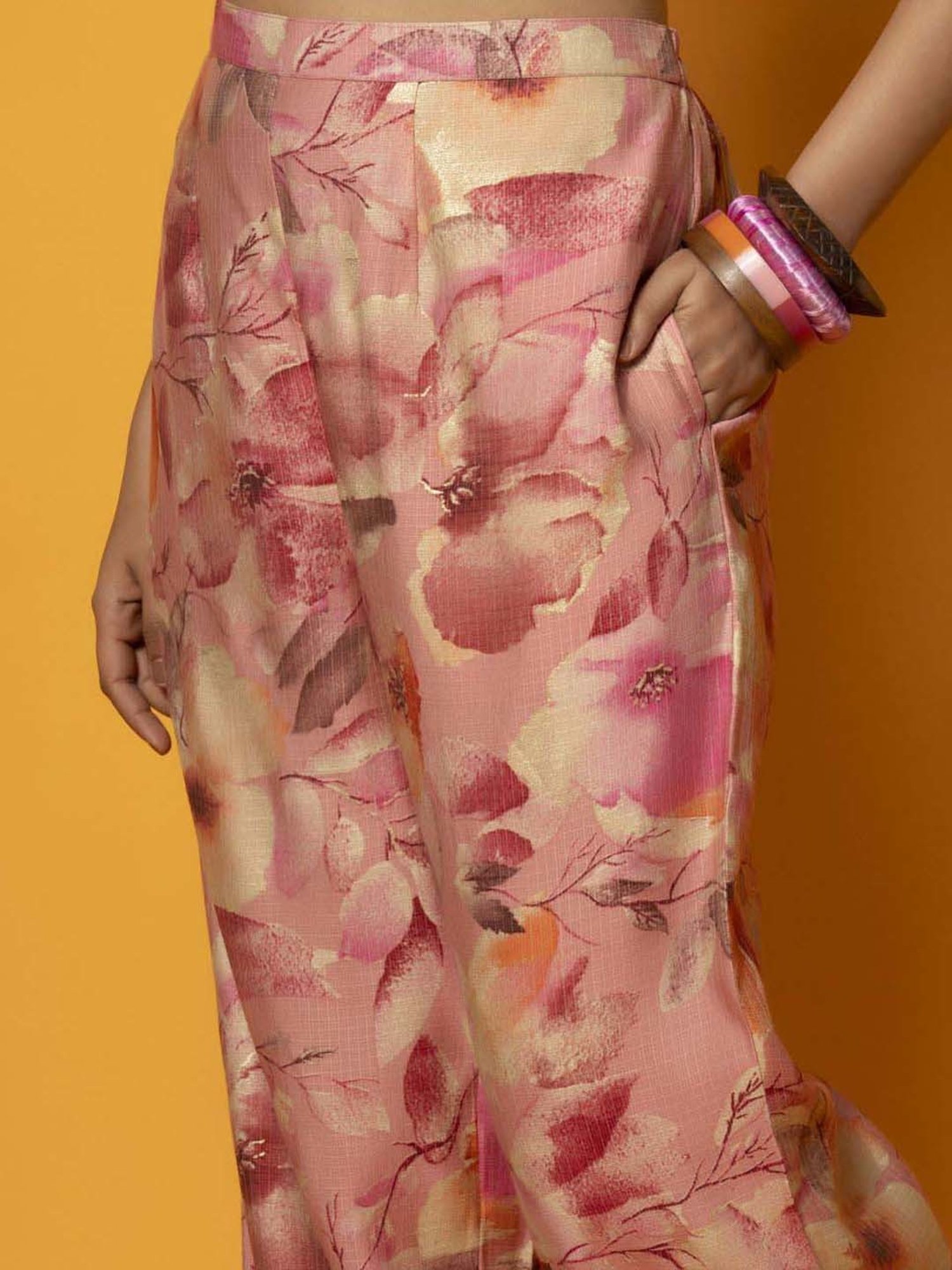 Libas Peach Printed Cotton Blend Co-Ords With Shrug