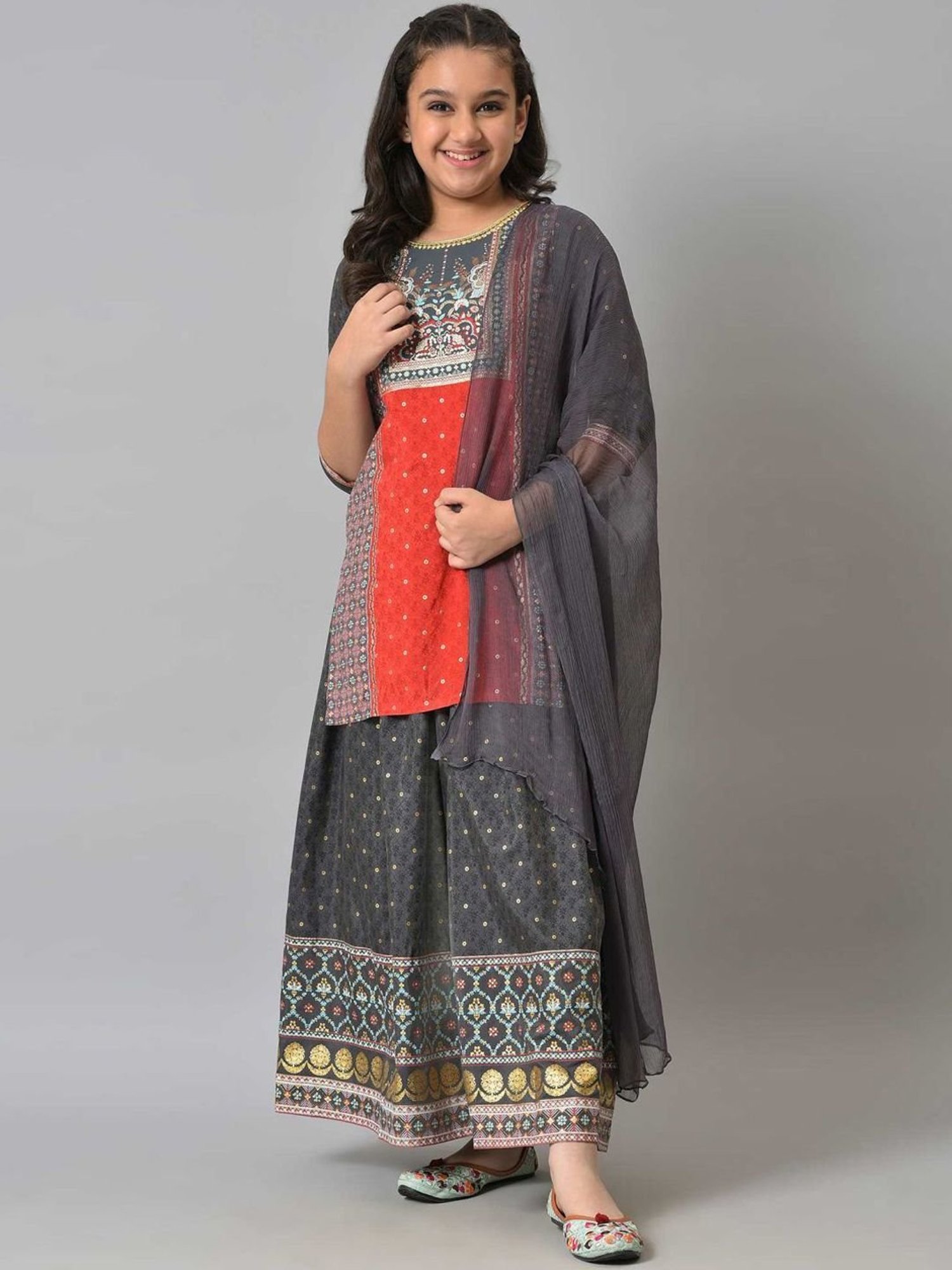 Aurelia Kids Red & Grey Floral Print Kurta Set