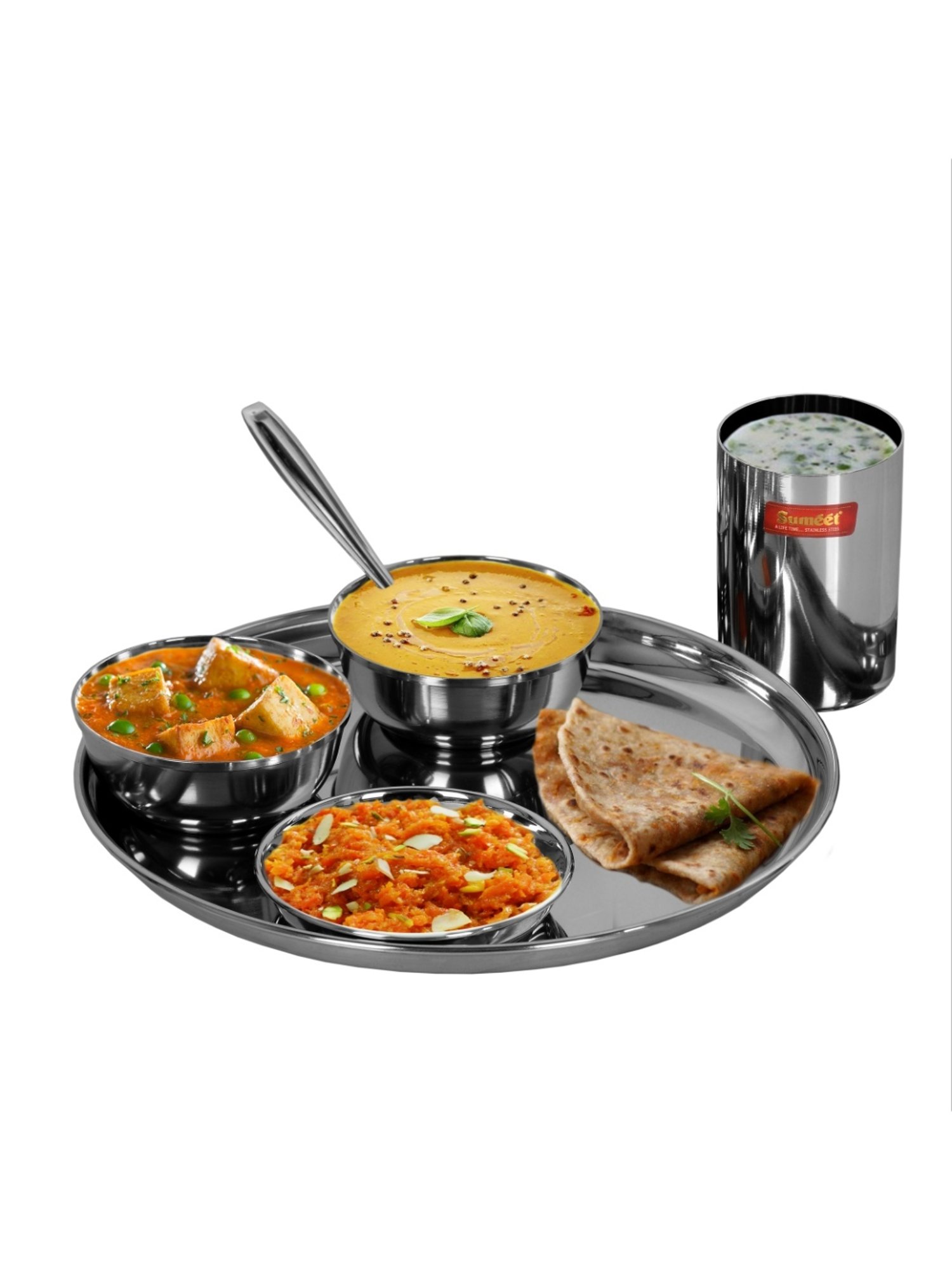 Sumeet S.S.Mirror Finish Dinner set of 12Pc(2 Plate,2 Small/Halwa Plate,4 Bowl/Wati,2 Glass,2 Spoon)