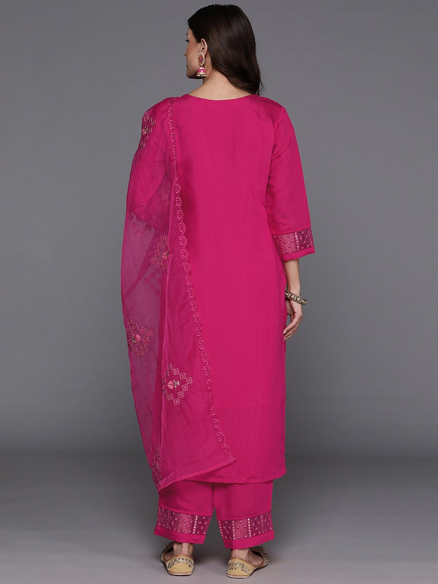 Indo Era Pink Embroidered Kurta With Pant & Dupatta