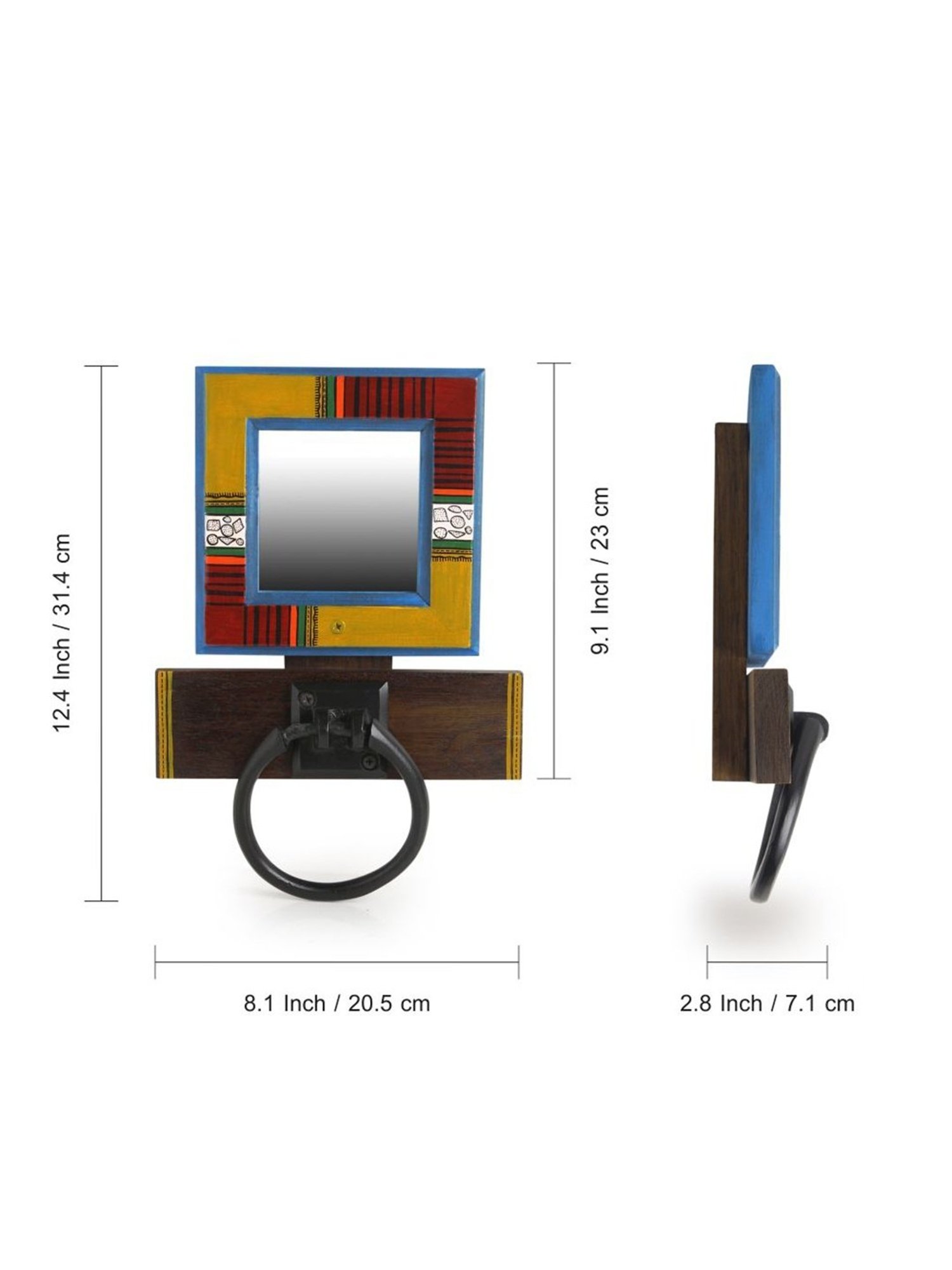 ExclusiveLane Warli Hand-painted Towel Holder & Mirror In Pine Wood