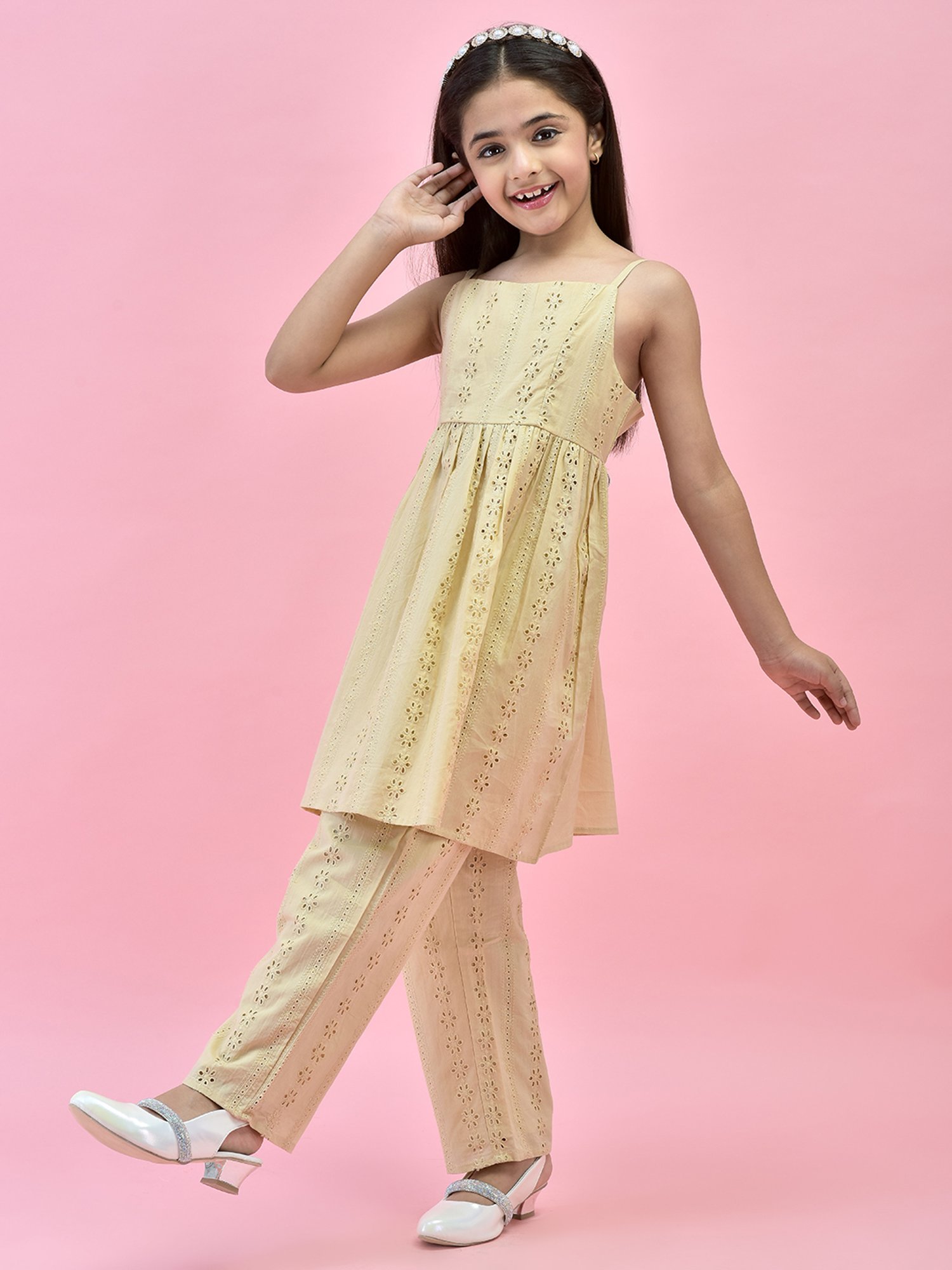 Juniper Girls Beige Self Design Kurta With Pants