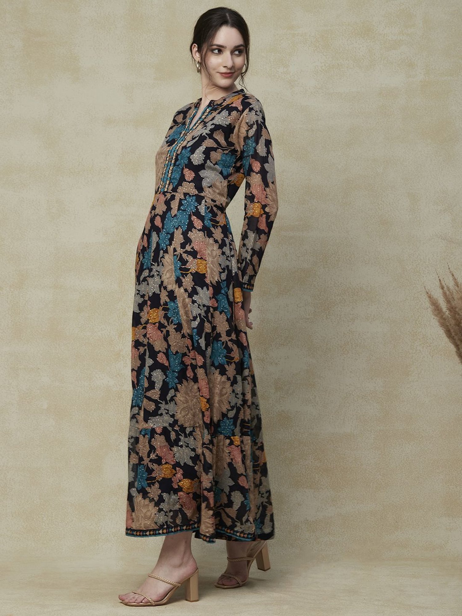 Fashor Navy Cotton Printed Maxi Dress